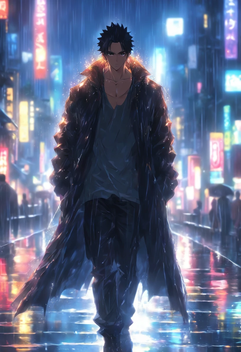 A man walking on a rainy day, ray tracing, wet black clothes, gloomy dark lighting, high-quality, ultra-detailed, realistic, dark portraits, HDR, intense colors, wet streets, reflections of lights in puddles, cinematic atmosphere.