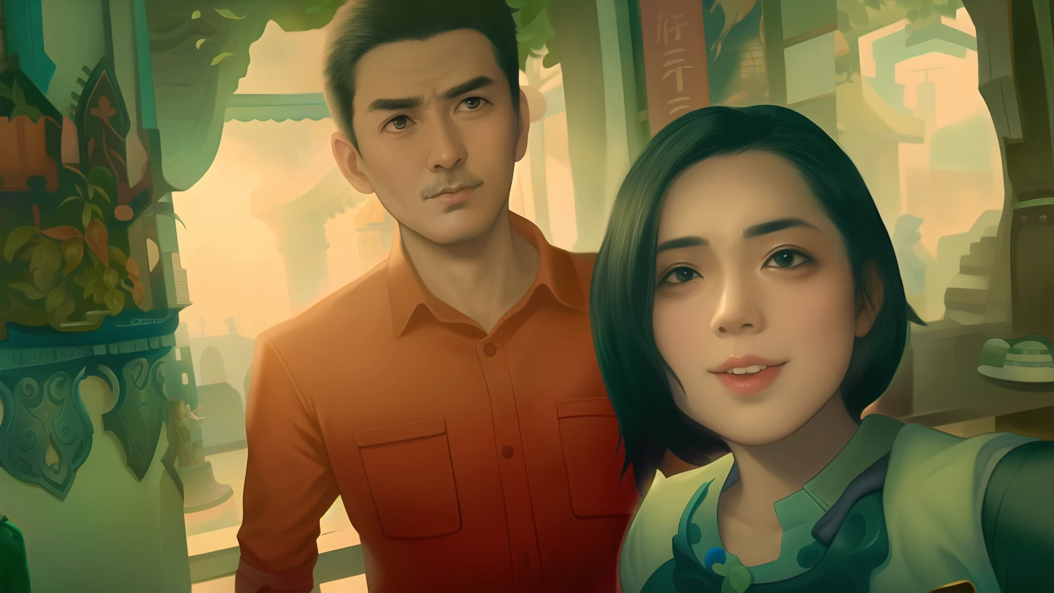 there is a man and woman standing next to each other, with godray, with her long, with wart, tyler edlin and natasha tan, not blurry, ruan jia and brom, with long, with ivy, blurry image, non blurry, blurred photo, selfie photo, selfie, blurry photo, ruan jia and joao ruas, blog-photo