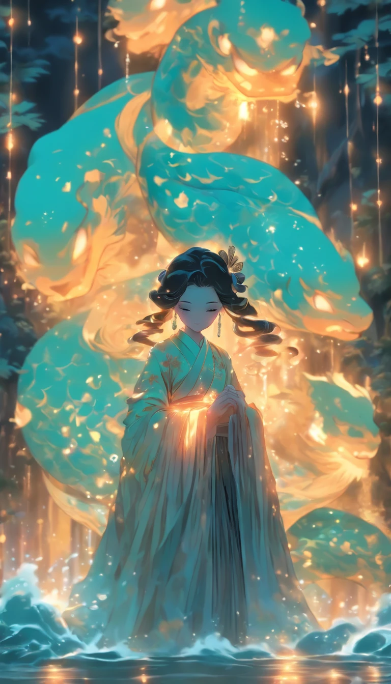 (Masterpiece, Best quality), 1girll(atenea_Asamiya Palace), Cute dress, Long black hair, Sitting, Beautiful outdoor background, Night, forest,highly detailed surreal vfx,China ink painting,water ink,ink,Smudge,downpours,Get wet,Water,water column,Anti-gravity water column,Spiral,China-style,中景 the scene is,super-fine,ultra - detailed,high qulity,8K ,Sharply focus the eyes,中景 the scene is,Full body like,oc rendered