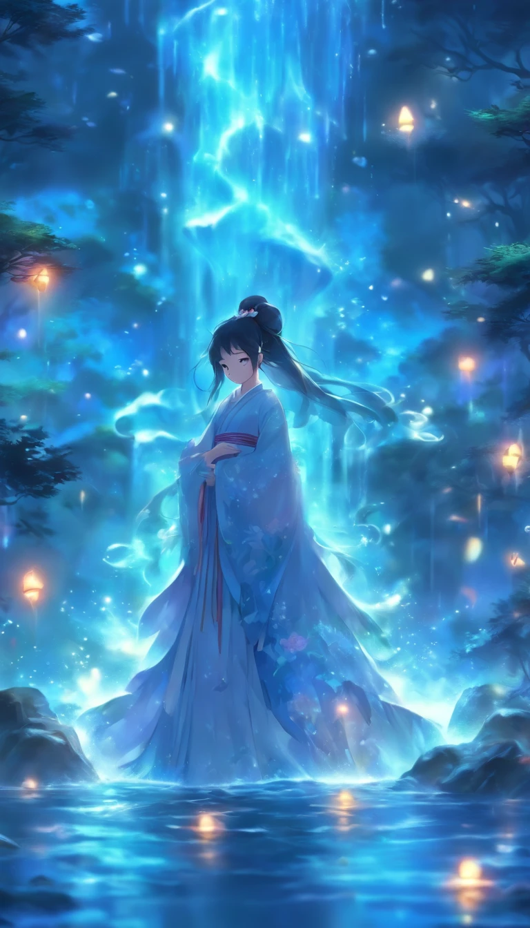(Masterpiece, Best quality), 1girll(atenea_Asamiya Palace), Cute dress, Long black hair, Sitting, Beautiful outdoor background, Night, forest，highly detailed surreal vfx，China ink painting，water ink，ink，Smudge，downpours，Get wet，Water，water column，Anti-gravity water column，Spiral，China-style，中景 the scene is，super-fine，ultra - detailed，high qulity，8K ，Sharply focus the eyes，中景 the scene is，Full body like，oc rendered