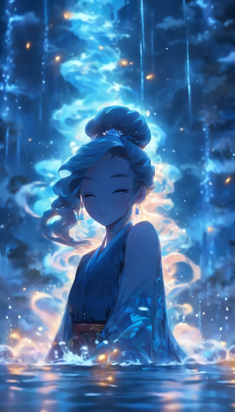 (Masterpiece, Best quality), 1girll(atenea_Asamiya Palace), Cute dress, Long black hair, Sitting, Beautiful outdoor background, Night, forest,highly detailed surreal vfx,China ink painting,water ink,ink,Smudge,downpours,Get wet,Water,water column,Anti-gravity water column,Spiral,China-style,中景 the scene is,super-fine,ultra - detailed,high qulity,8K ,Sharply focus the eyes,中景 the scene is,Full body like,oc rendered