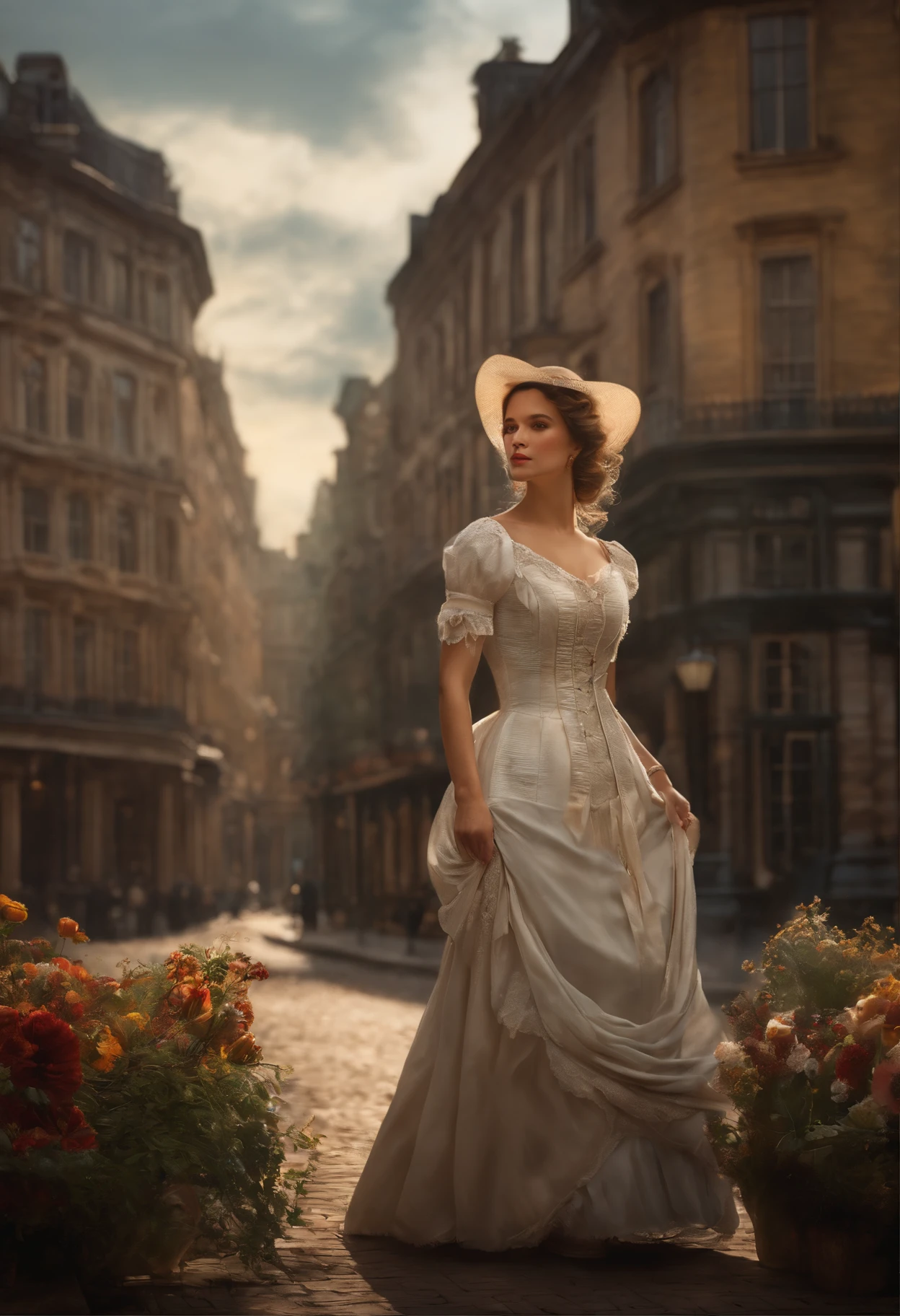 Produce a high-quality, ultra-detailed image reminiscent of a Victorian-era masterpiece. In this scene, depict a beautifully dressed woman from the 1900s, surrounded by the ambiance of a Victorian city. Emphasize the use of volumetric lighting that breaks through the scenery. Create a dynamic composition rich in detail and colors, including iridescent hues that bring a sense of magic to the scene. Craft an atmospheric, dreamy painting with a focus on Victorian-style watercolor techniques in turner style .