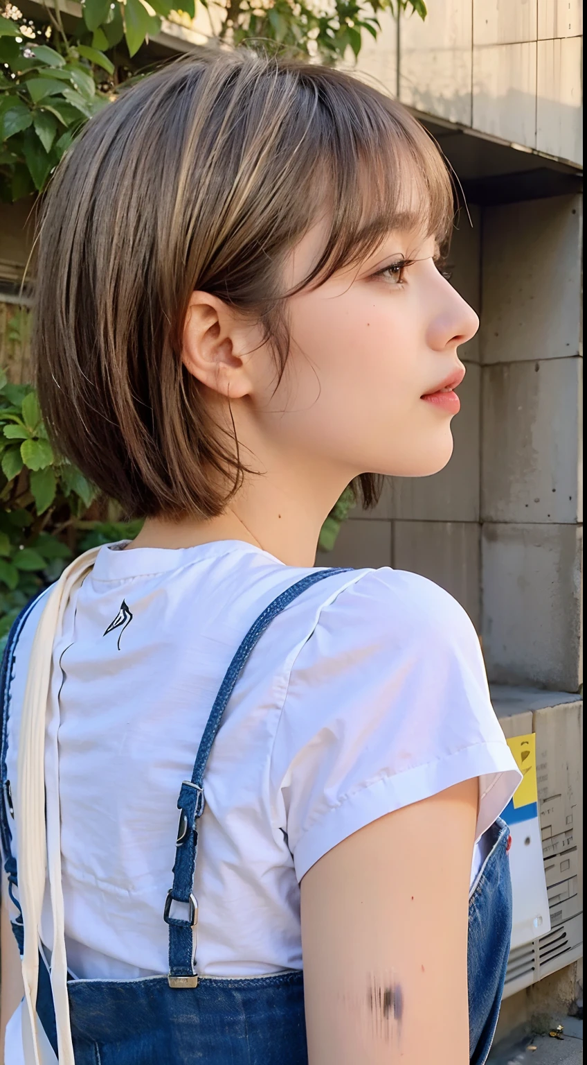 araffe with a white shirt and blue overalls is looking at a building, with short hair, white hime cut hairstyle, the hime cut, chiho, sakimichan, short hair, with a bob cut, soft hair, sideview, neat hair with bangs, short straight hair, with short hair with bangs, 🚿🗝📝, short haircut, Best picture quality, masterpiece, ultra high resolution, 8k, cleavage, big boobs, bust detail, hair detail, eye detail, sharp eyes, thin smile, professional lighting
