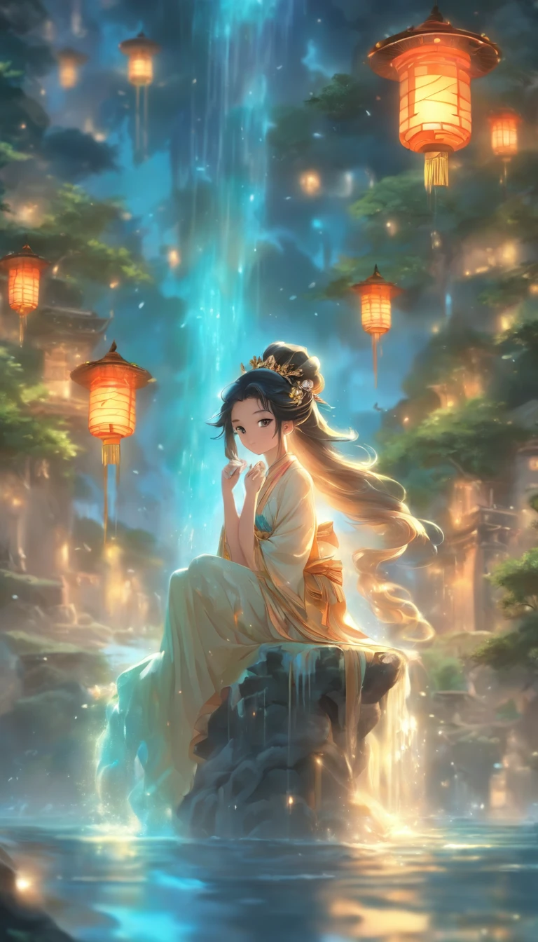 (Masterpiece, Best quality), 1girll(atenea_Asamiya Palace), Cute dress, Long black hair, Sitting, Beautiful outdoor background, Night, forest，highly detailed surreal vfx，China ink painting，water ink，ink，Smudge，downpours，Get wet，Water，water column，Anti-gravity water column，Spiral，China-style，中景 the scene is，super-fine，ultra - detailed，high qulity，8K ，Sharply focus the eyes，中景 the scene is，Full body like，oc rendered