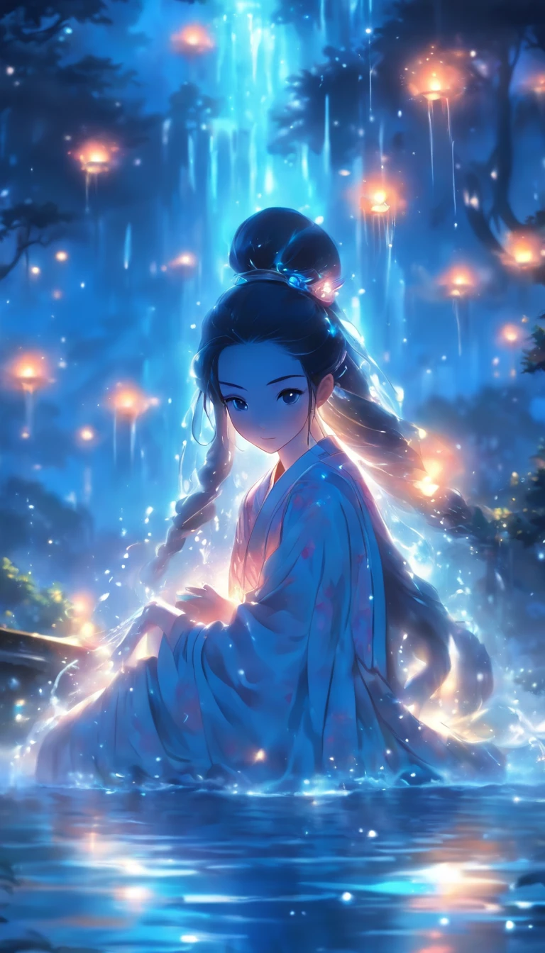 (Masterpiece, Best quality), 1girll(atenea_Asamiya Palace), Cute dress, Long black hair, Sitting, Beautiful outdoor background, Night, forest，highly detailed surreal vfx，China ink painting，water ink，ink，Smudge，downpours，Get wet，Water，water column，Anti-gravity water column，Spiral，China-style，中景 the scene is，super-fine，ultra - detailed，high qulity，8K ，Sharply focus the eyes，中景 the scene is，Full body like，oc rendered