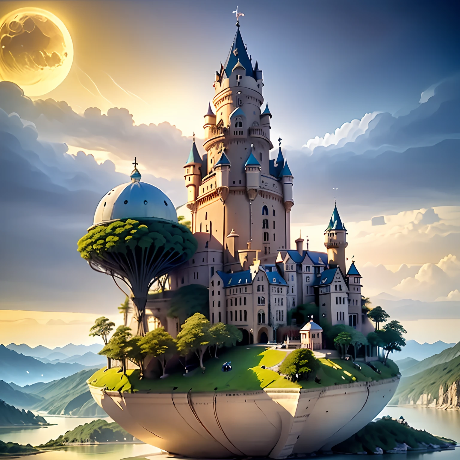 there is a turtle that is floating in the water with a castle on top, great a'tuin, world-bearing turtle, realistic fantasy illustration, by Kerembeyit, surrealistic digital artwork, isometric 3d fantasy turtle, by Adam Marczyński, by Johfra Bosschart, epic matte painting of an island, 3 d epic illustrations