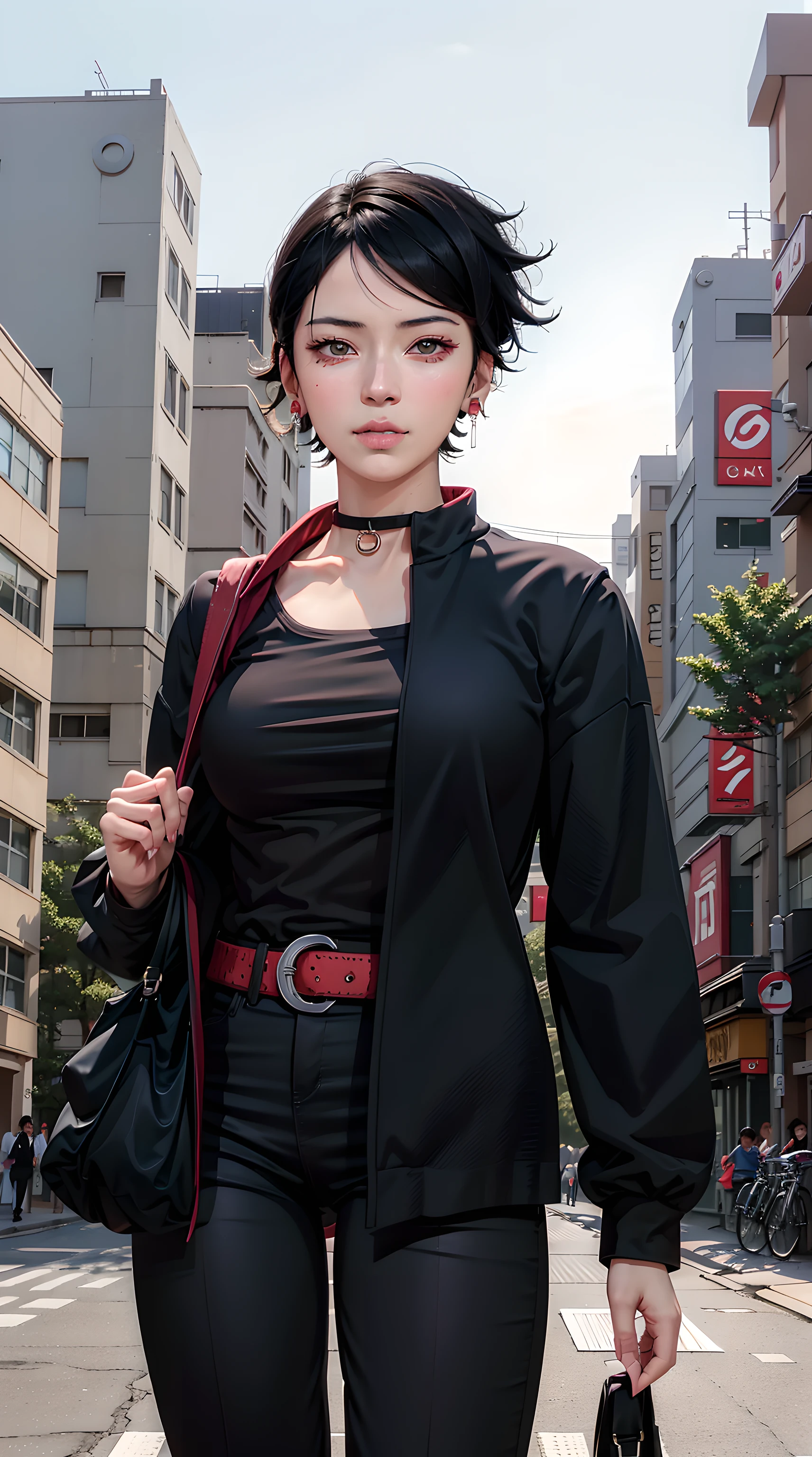 uchiha sarada, black hair, short hair, beautiful, beautiful woman, perfect body, perfect breasts, wearing a white formal shirt, black blazer, black trousers, carrying a bag, wearing a watch, wearing earrings, in public, being in tokyo city, on the street, looking at the viewer, a slight smile, realism, masterpiece, textured skin, super detailed, high detail, high quality, best quality, 1080p, 16k