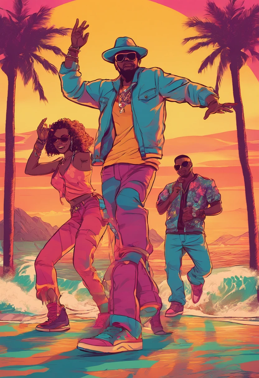 A group of hip-hop lovers dancing at Sunset Beach,There are DJs,There is beer,West Coast style