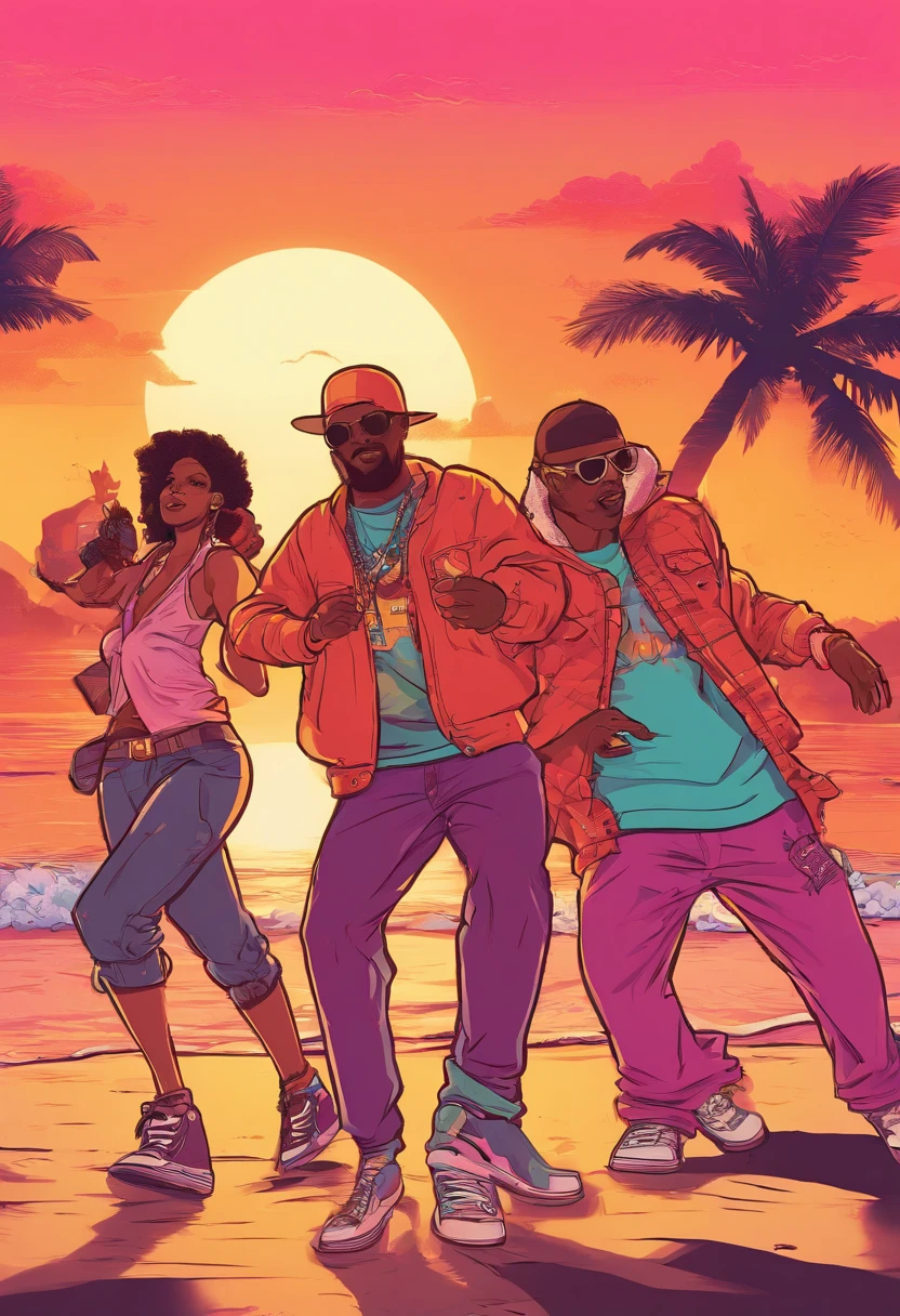 A group of hip-hop lovers dancing at Sunset Beach,There are DJs,There is beer,West Coast style