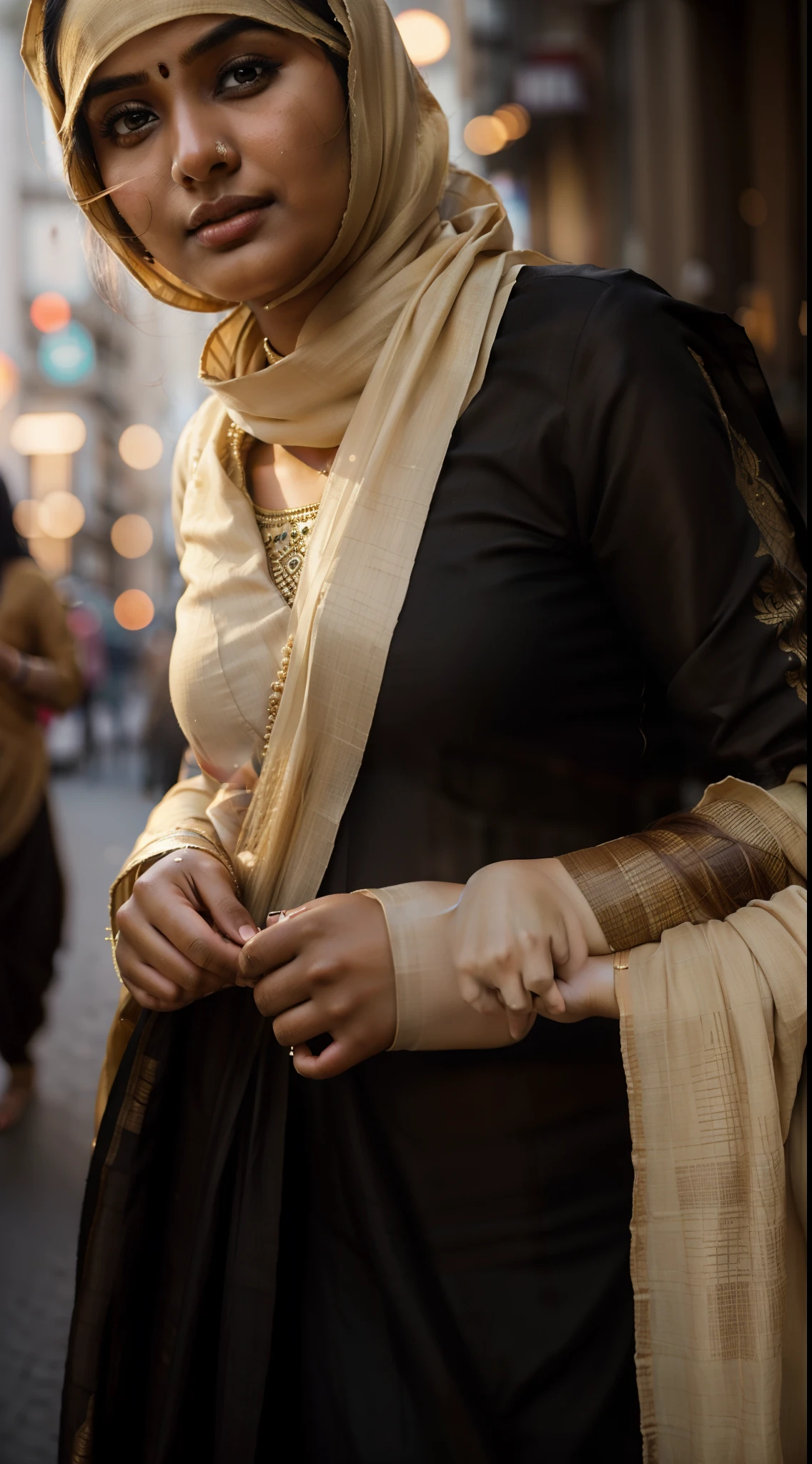 (((desi girl))), chubby face, natural skin, wearing hot deep neck top and dupatta, charming black hair, ((hair ends are blonde)), city streets background, bokeh