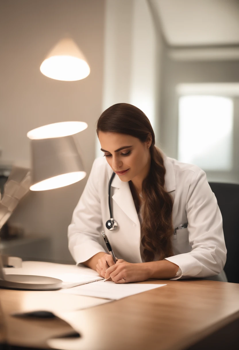 In the office was a woman, a medical doctor and nutrition specialist, sentada numa cadeira, writing on your desk medical prescriptions, Foto no estilo de empresario de capa para, demonstrate to the professional that she is, sua sala bem iluminada e muito bem decorada.