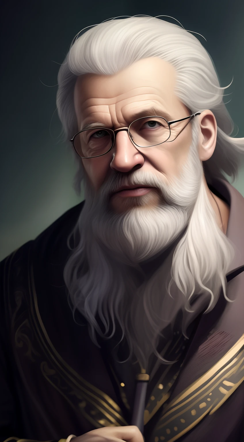 There's a man with a beard and glasses holding a knife, retrato de personagem de closeup, Epic portrait illustration, closeup retrato de personagem, retrato da arte do personagem, retrato detalhado do caractere, retrato de personagem pintado, Retrato CGSetivity, arte do retrato do personagem, retrato da arte do conceito do personagem, cinematic bust portrait, inspirado no artista de personagens seniores, Retrato do personagem do homem nerd, Retrato Zeus, Retrato pintado de Odin acidentado