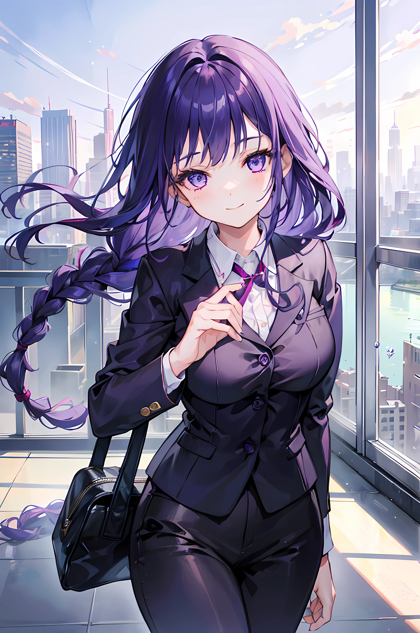 1 girl, cute, seductive smile, office suit, long braided hair, purple hair, expressive eyes, perfect eyes, perfect face happy, looking at viewer, city background, simple background, masterpiece, better quality, 8k ray tracing