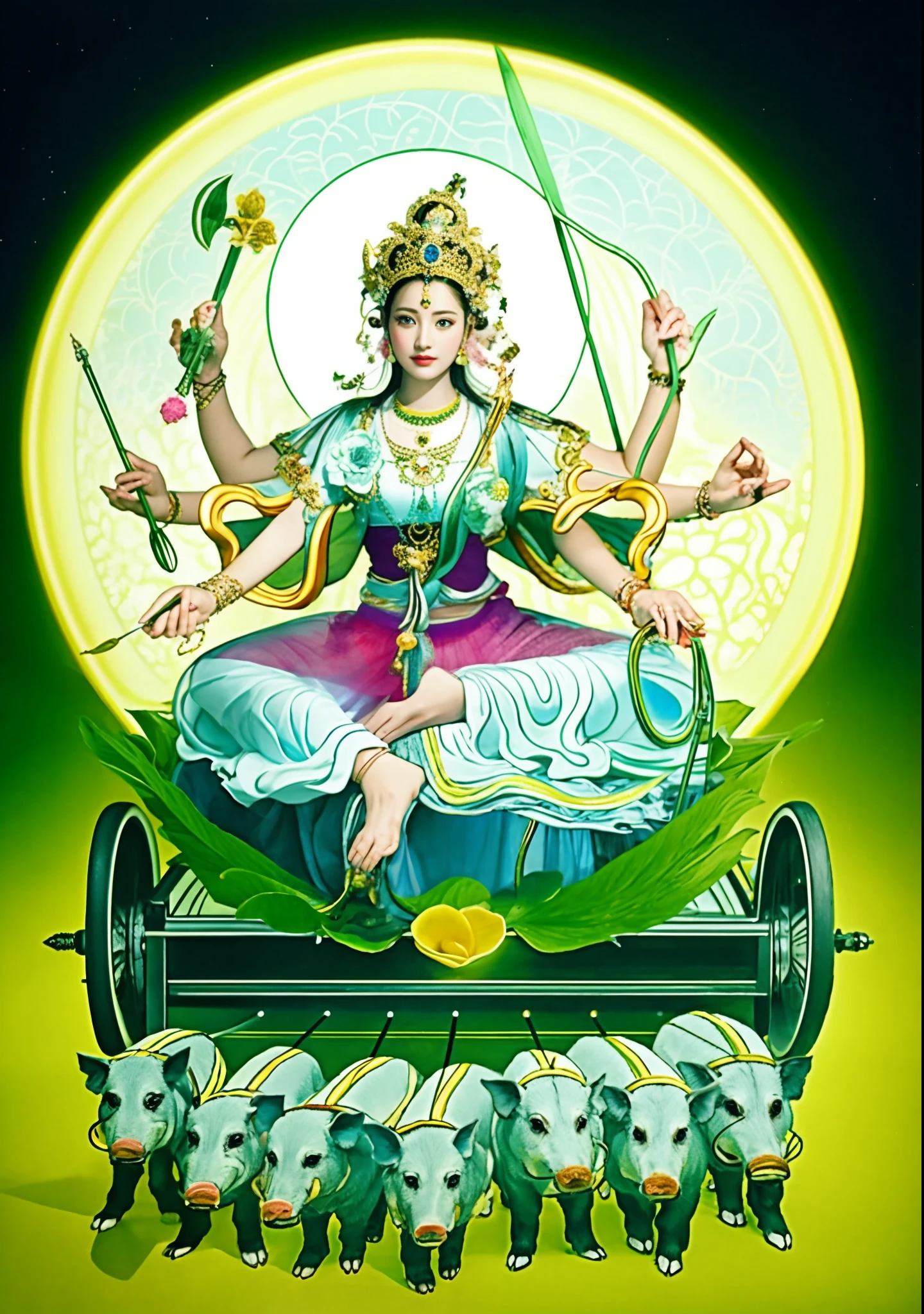 Beautiful woman sitting on a lotus in the car, Three-headed,In total, The arm has eight mudras,Barefoot on both feet,There are seven piglets pulling carts in front,goddess of love and peace, indian goddess of wealth, Heavenly Bodhisattva, full-colour illustration, goddess art, goddess of wisdom, an ancient Chinese goddess,photorealestic,professional photoshooting,Realiy,超高分辨率,tmasterpiece,