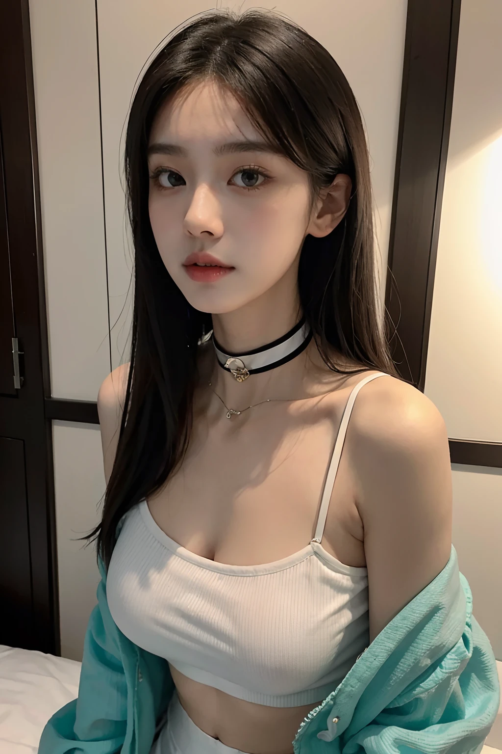 best qualtiy,Original,tmasterpiece,超高分辨率,s girl,Draped with hair,choker necklace,camisole,medium boob,夏天,城市,heal