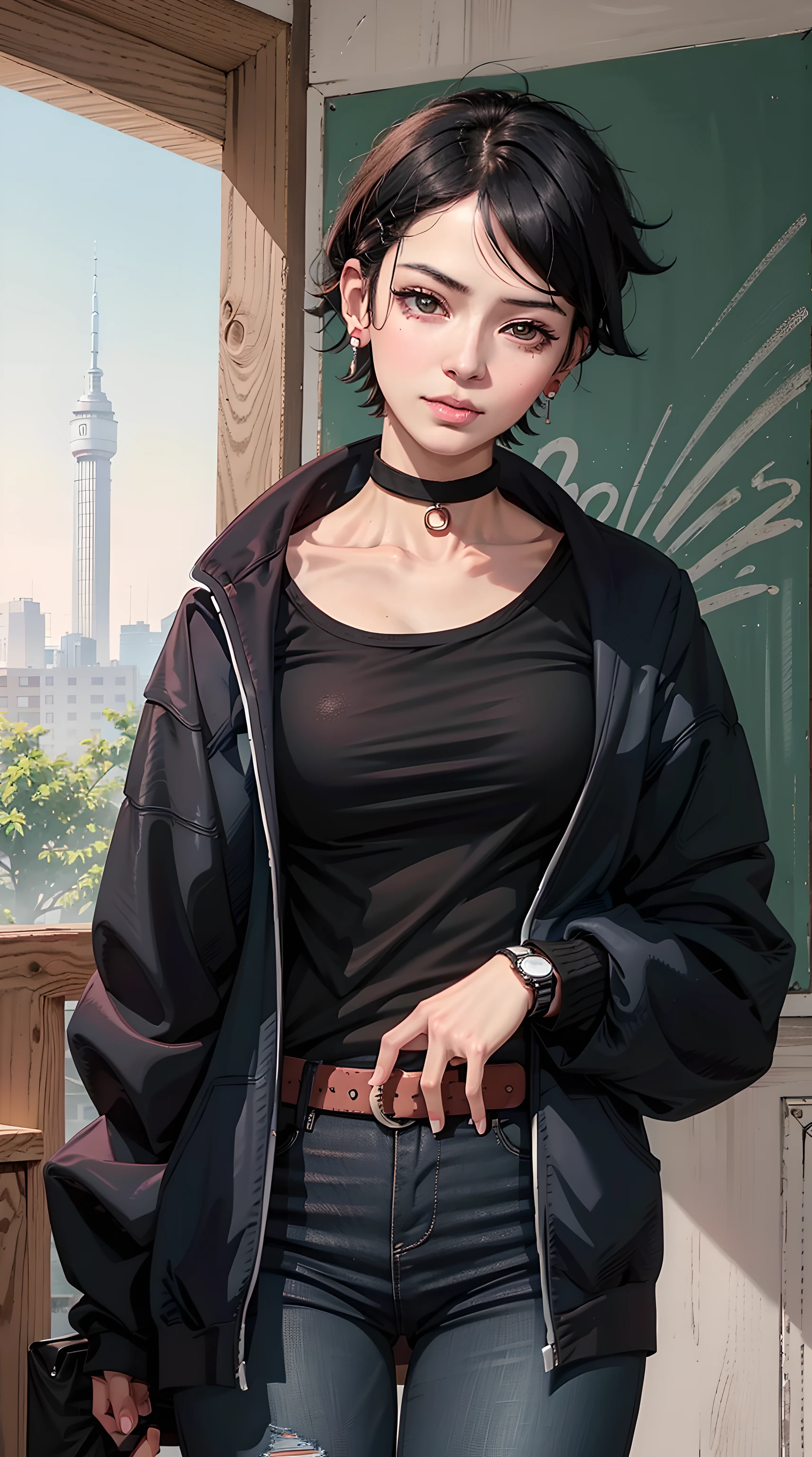 uchiha sarada, black hair, short hair, ponytail, beautiful, beautiful woman, perfect body, perfect breasts, wearing a white shirt, black cardigan, long jeans, handbag, wearing a watch, wearing earrings, in class, on campus , university, blackboard, looking at the viewer, slight smile, realism, masterpiece, textured leather, super detailed, high detail, high quality, best quality, 1080p, 16k