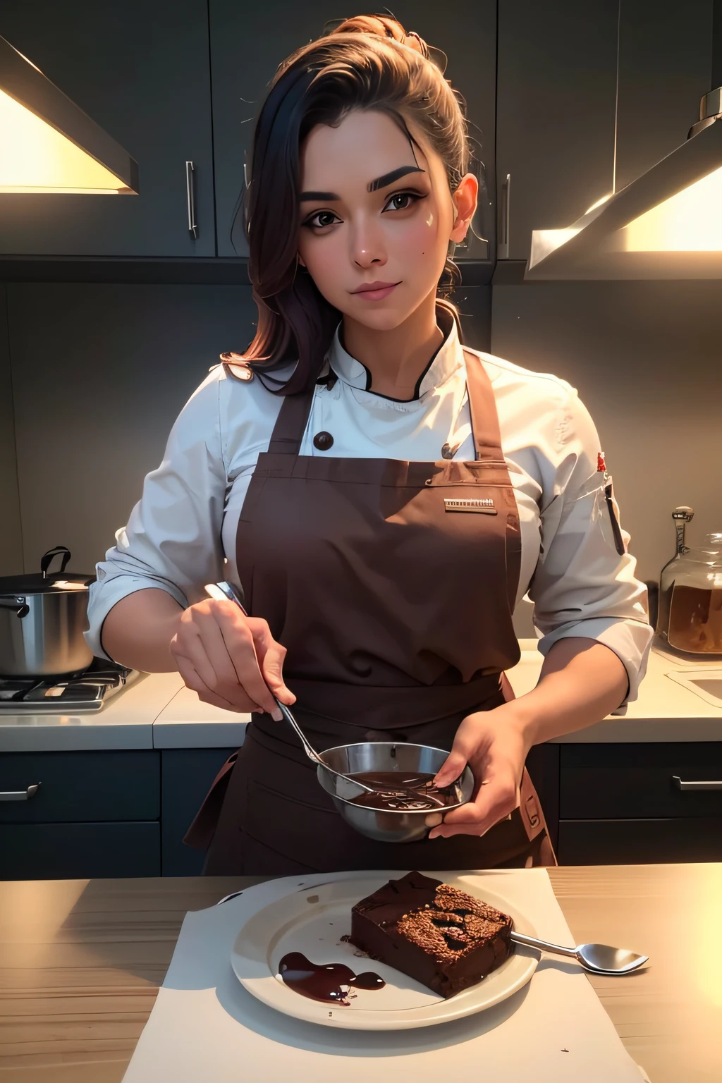 cozinheira profissional, chef, realista, ultrarealista, misturando com um whiskey um brownie de chocolate em uma tigela, cozinha, bancada de inox, cozinha profissional, ethics, tranquilidade, profissional.