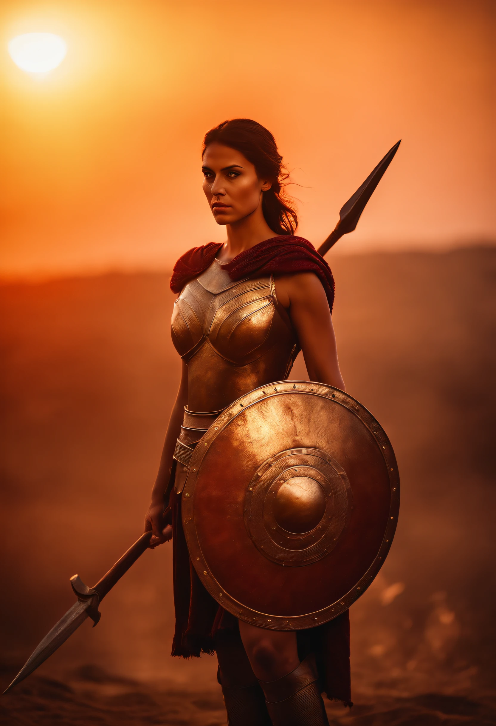 A striking Spartan woman, shield and spear in hand, stands defiantly against a fiery sunset.