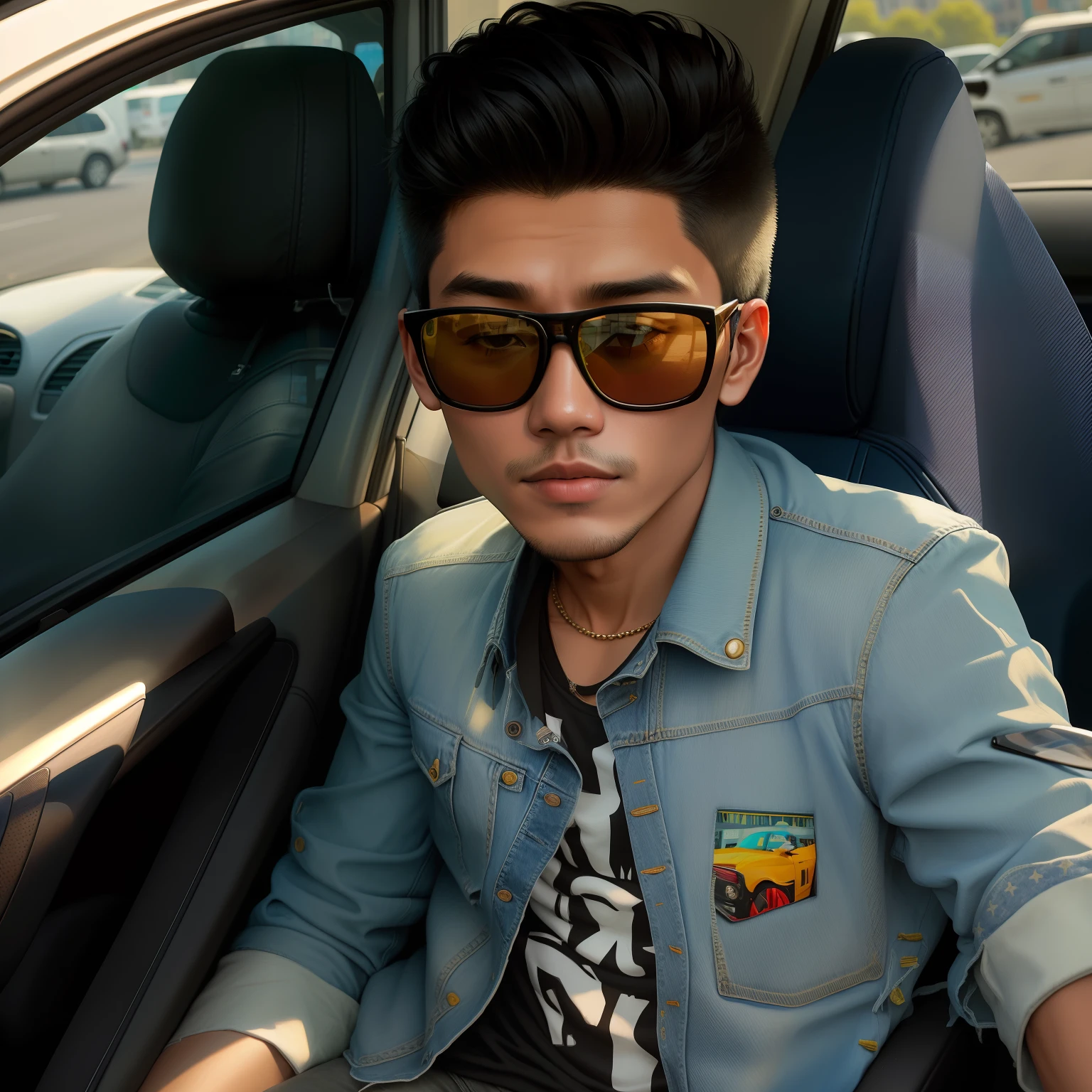 Burmese man in a denim jacket and sunglasses sitting in a car, with sunglass, looking heckin cool and stylish, john jude palencar, Justin Bieber style, wearing shades, with sunglasses, !!wearing modern glasses!!, ramil sunga, by :5 sexy: 7, Steve Roger style, profile shot, in sunny weather