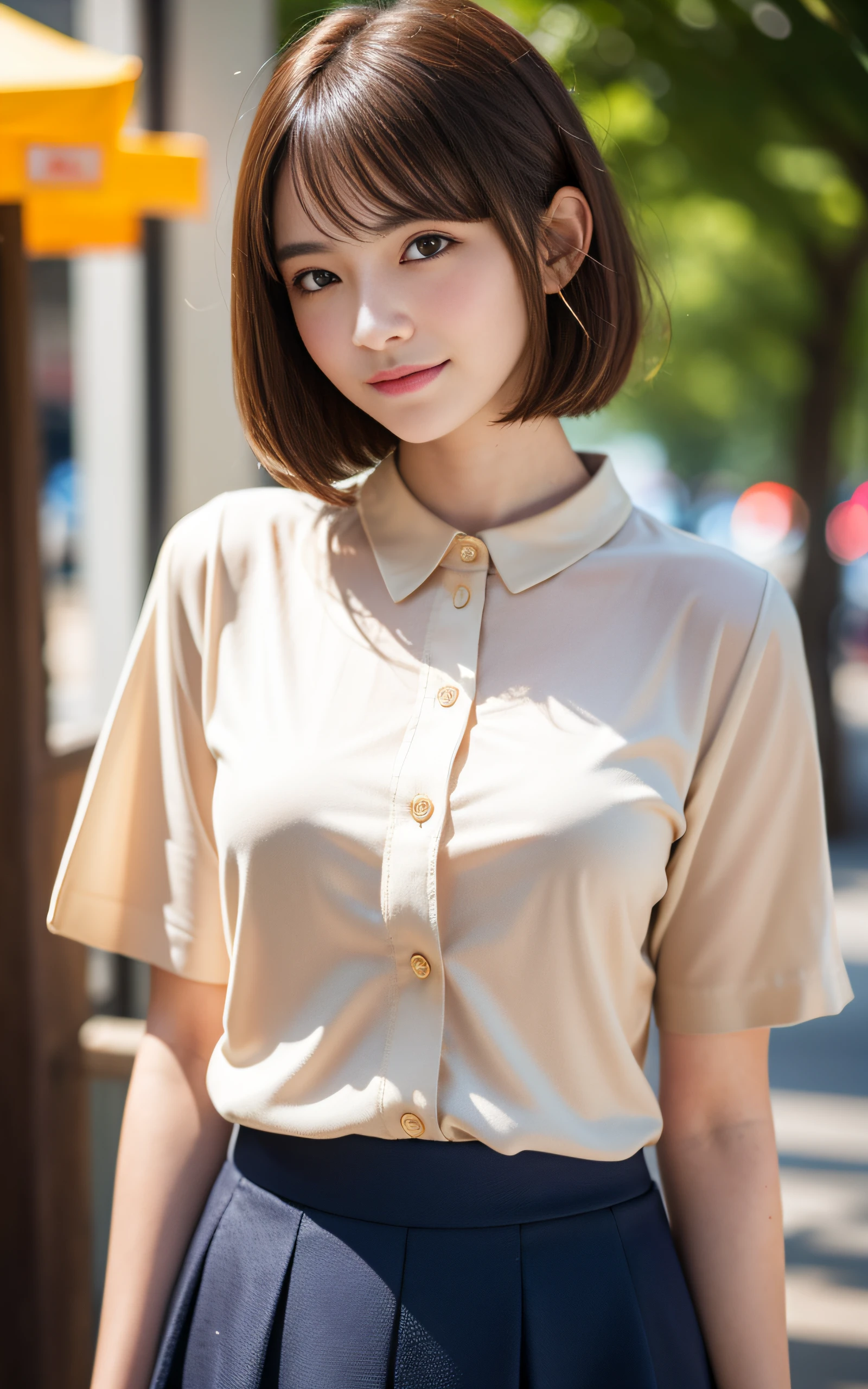 masterpiece, Best Quality, 8K, 1girl, good hand, yo, lively, active, life force, luminescence, Looking away, Raw photo, F/1.8, 135 mm, NIKON, Anatomically correct, bokeh,Textured skin, Professional Photography, Portrait, Soft light, Professional Lighting, Solo, (Smile), Cute, Girly, Film grain, (Eyes and faces with detailed:1.0), brown hair, short hair, bangs, 8k wallpaper, Silk Blouse, skirt, art museum, inside