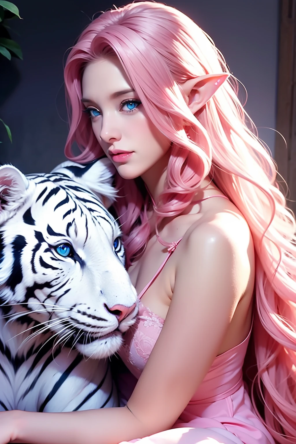 A white tiger near the woman, a woman, long curly hair, pink hair, blue eyes, elf