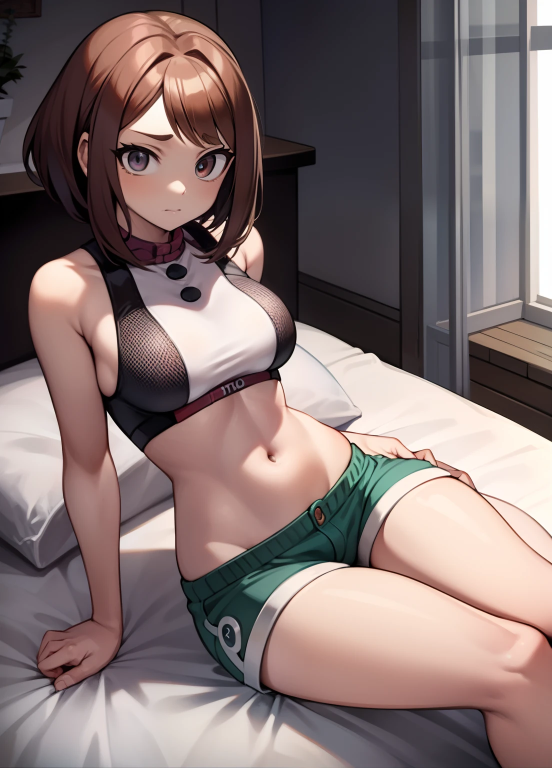 Ochaco Uraraka con un corpo formoso e sexy, delle seni giganti, una vita stretta ed un grosso culo tondo e sodo indossando un top nero con una scollatura profonda e degli shorts attillati a quattro zampe su un letto con uno sguardo seducente