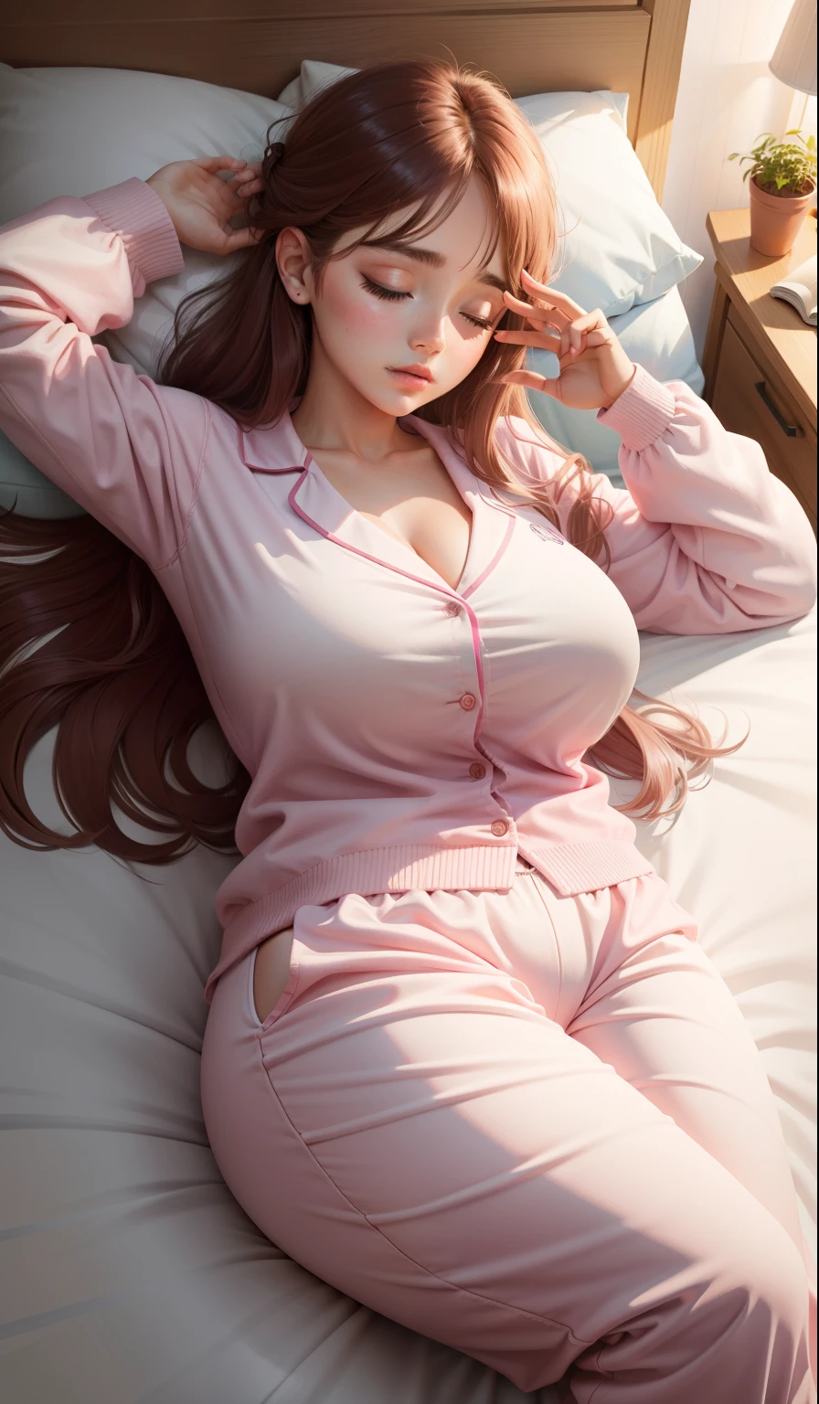 Sleeping girl, 22 years old, big breasts, realistic, she is wearing long pants, she is wearing pink pajama, brown hair.