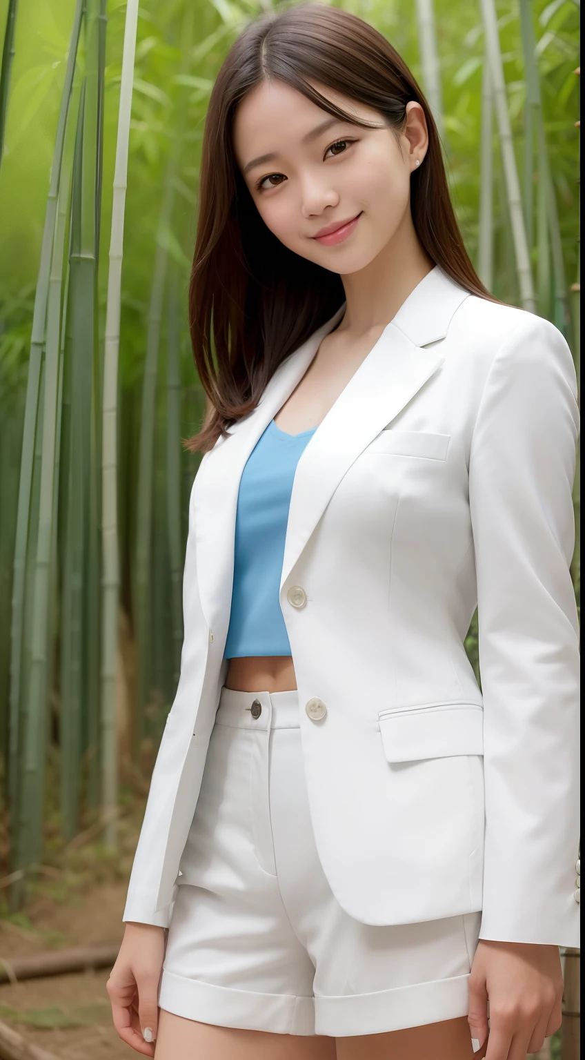 A smiling girl，While wearing a white Business suits，Super short blue denim shorts，Standing in a bamboo forest，com rosto detalhado，The eyes are delicate，The photo quality is the best，Realistic image quality，Background diffuse lighting，Depth of field display。