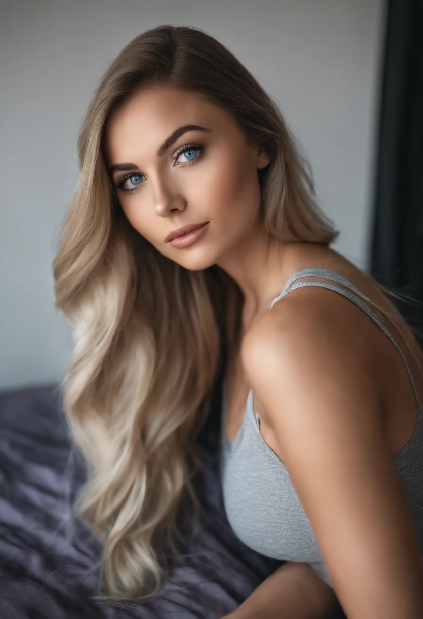 woman with matching tank top and panties, Sexy girl with blue eyes, portrait sophie mudd, portrait corinna kopf, blonde hair and large eyes, Selfie einer jungen Frau, Augen im Schlafzimmer, Violet Myers, ohne Make-up, Natural makeup, Blick direkt in die Kamera, Gesicht mit Artgram, dezentes Make-up, Stunning full body shot, im Schlafzimmer, Spaltung