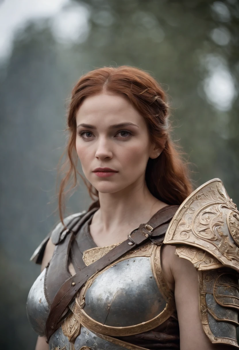 The wife of the God of War, draped in armor forged from celestial metal, exuding fierce elegance.