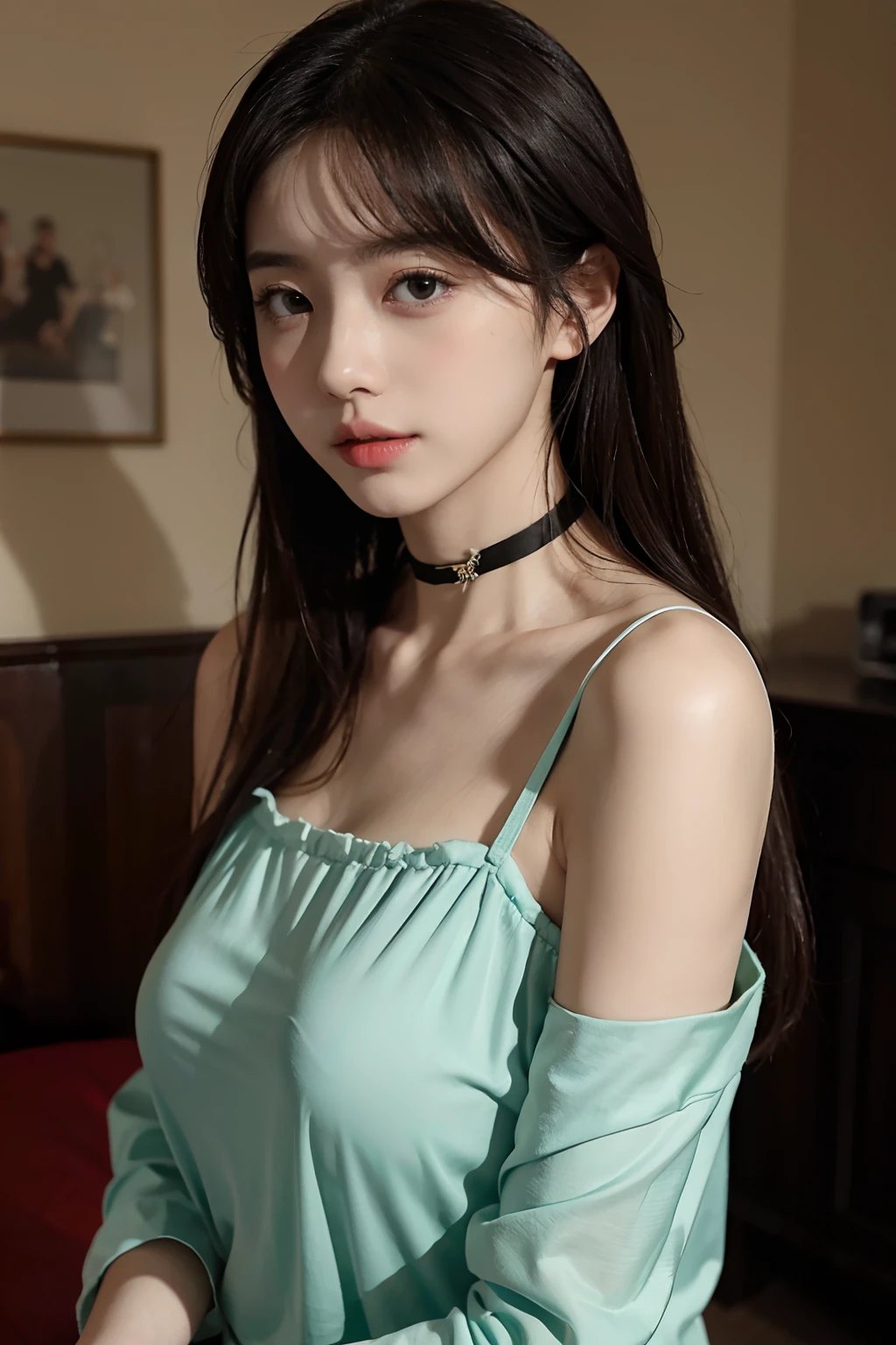 best qualtiy，Original，tmasterpiece，超高分辨率，teens girl，Draped with hair，choker necklace，camisole，medium boob，夏天，城市，heal