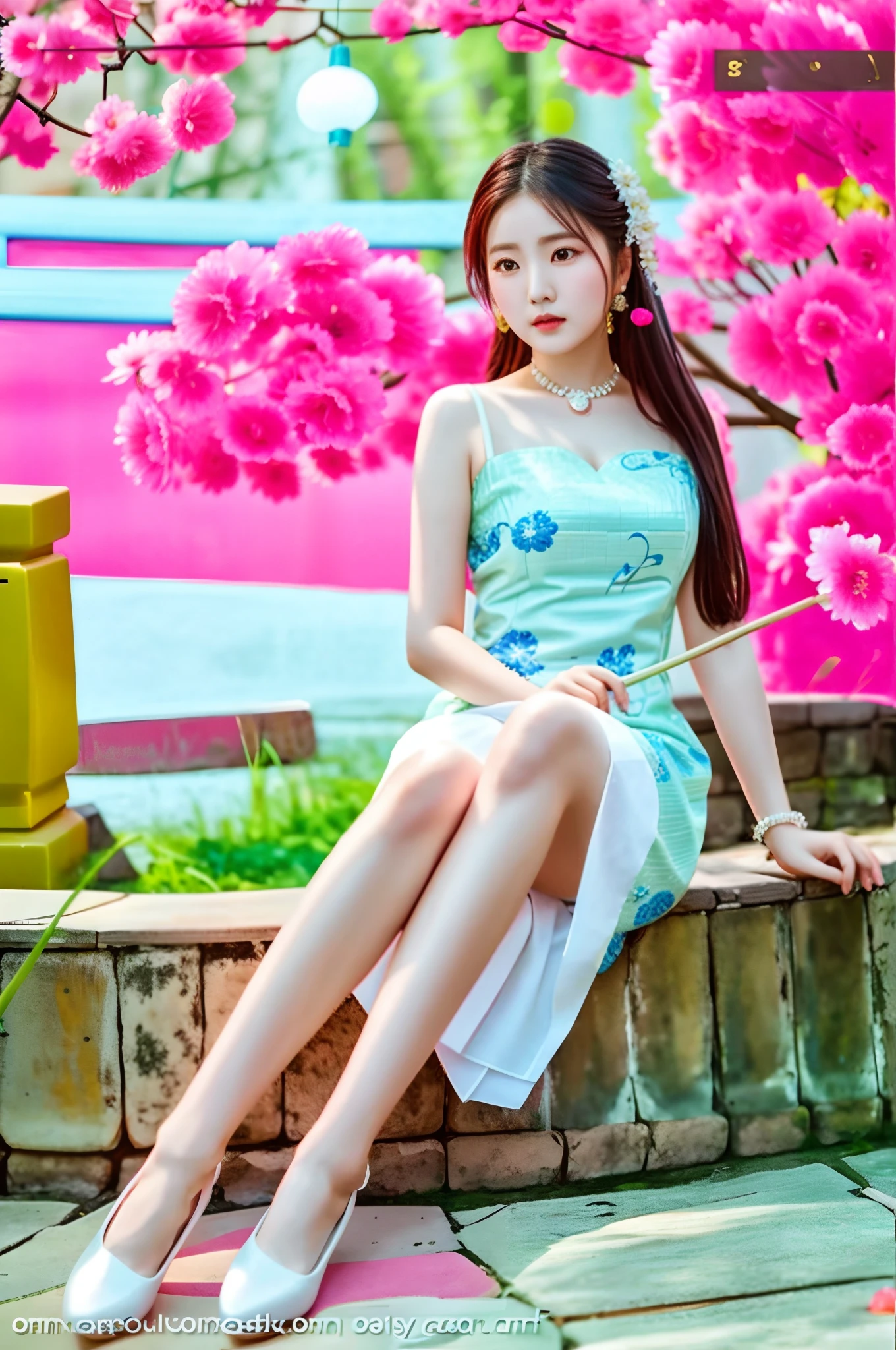 Arakfi Asian woman sitting on a stone wall，wears a white dress, Cheongsam, Chinese girl, Beautiful Asian girl, full-body xianxia, gorgeous chinese models, Lovely woman, cute elegant pose, Chinese woman, Beautiful asian woman, Chinese style, Cute woman, beautiful asian woman sitting, Gorgeous lady, shaxi, Chinese traditional, xintong chen