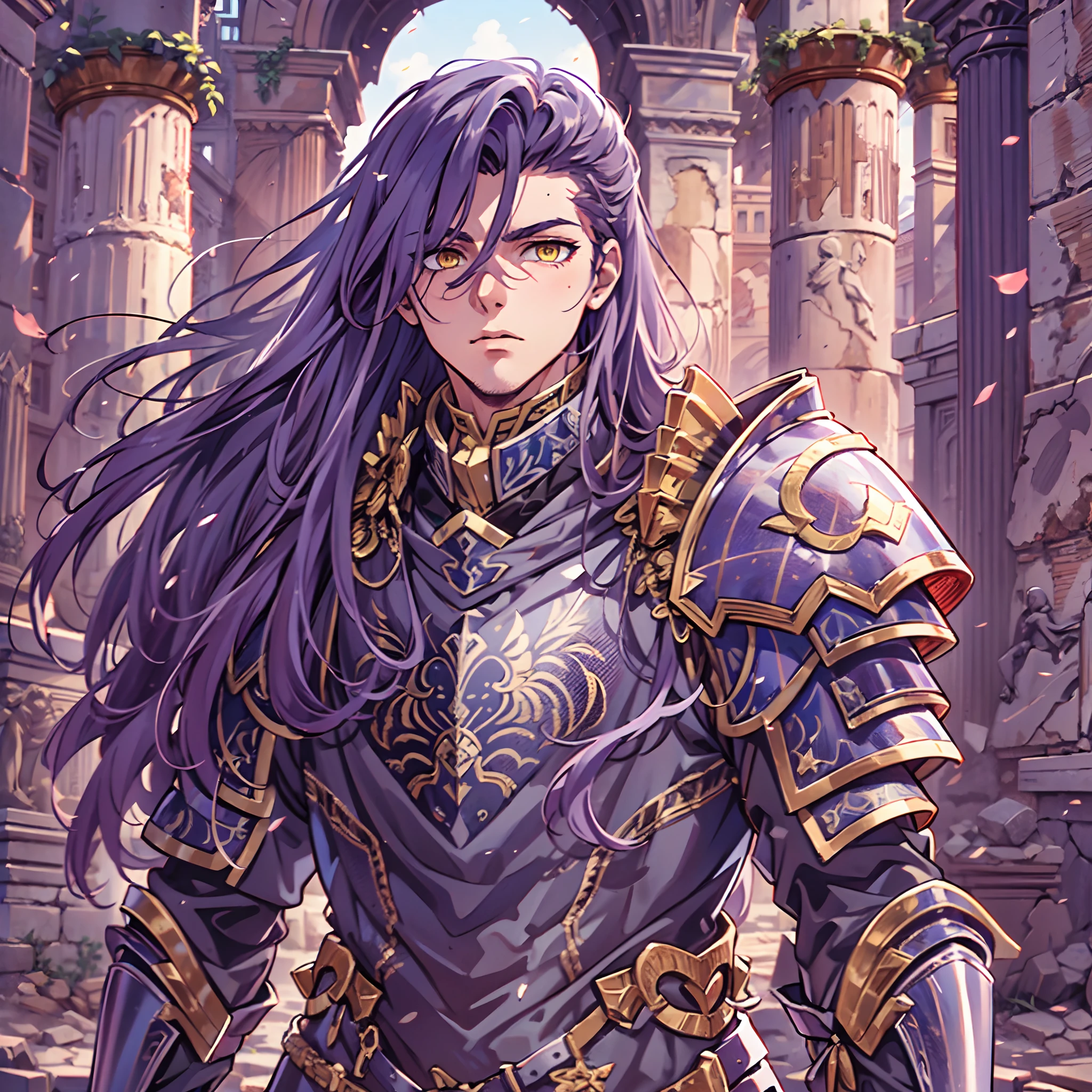 Ultra High Definition,
Ultra High Quality,
Hyper Definition,
Hyper Quality,
Hyper Detailed,
Extremely Detailed,
Perfectly Detailed,
8k,
1 Boy,
Anime,
Long Purple Hair,
Under Cut Hairstyle,
Solid Yellow Eyes,
Handsome,
Armored With Roman Emperor Armor,
Ancient Roman Empire Ruins Background,