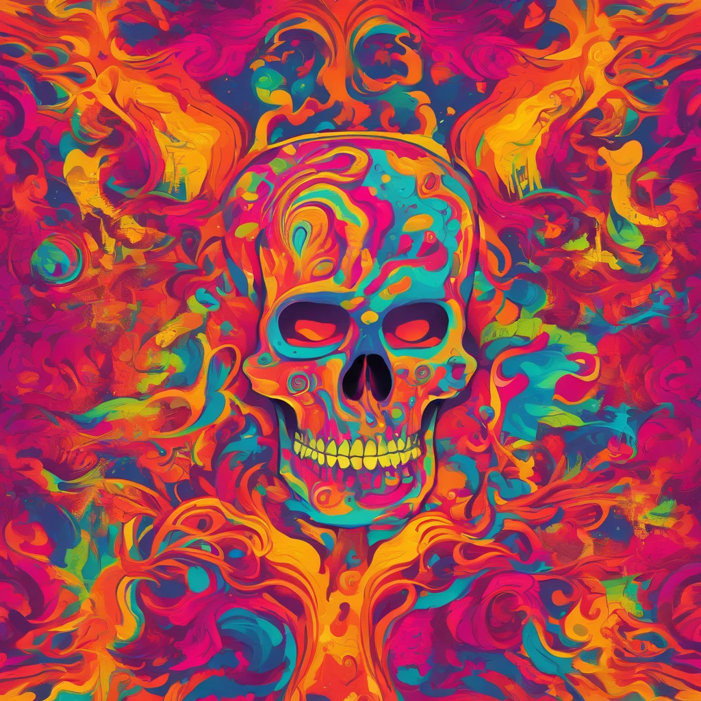 (high-quality, HD, ultra-detailed), psychedelic skull, psychedelic style, pop art, vibrant colors, detailed textures, studio lighting, bold design.