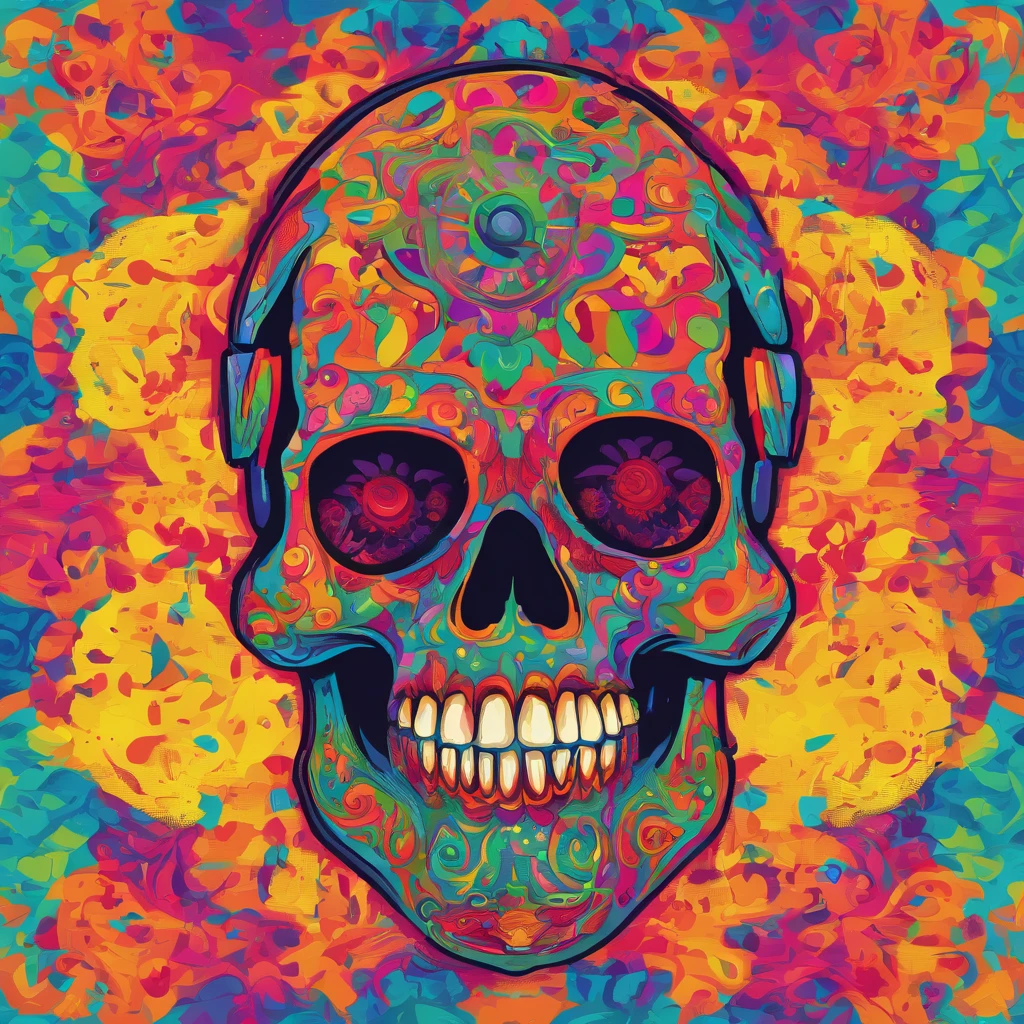 (high-quality, HD, ultra-detailed), psychedelic skull, psychedelic style, pop art, vibrant colors, detailed textures, studio lighting, bold design.