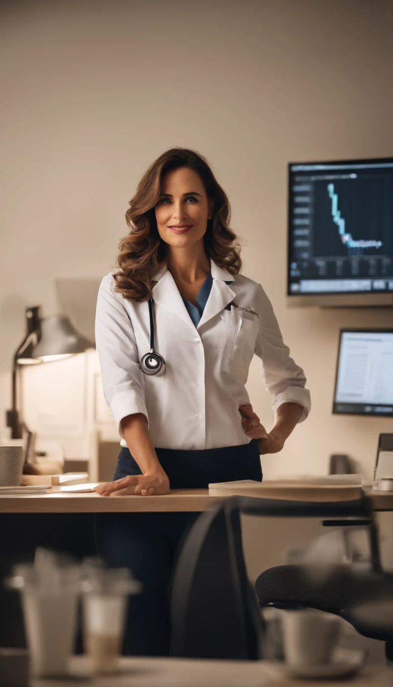 In the office was a woman, a medical doctor and nutrition specialist, standing on his back, behind his desk, ela estava pensativa, Foto no estilo de empresario de capa para, demonstrate to the professional that she is, sua sala bem iluminada e muito bem decorada.