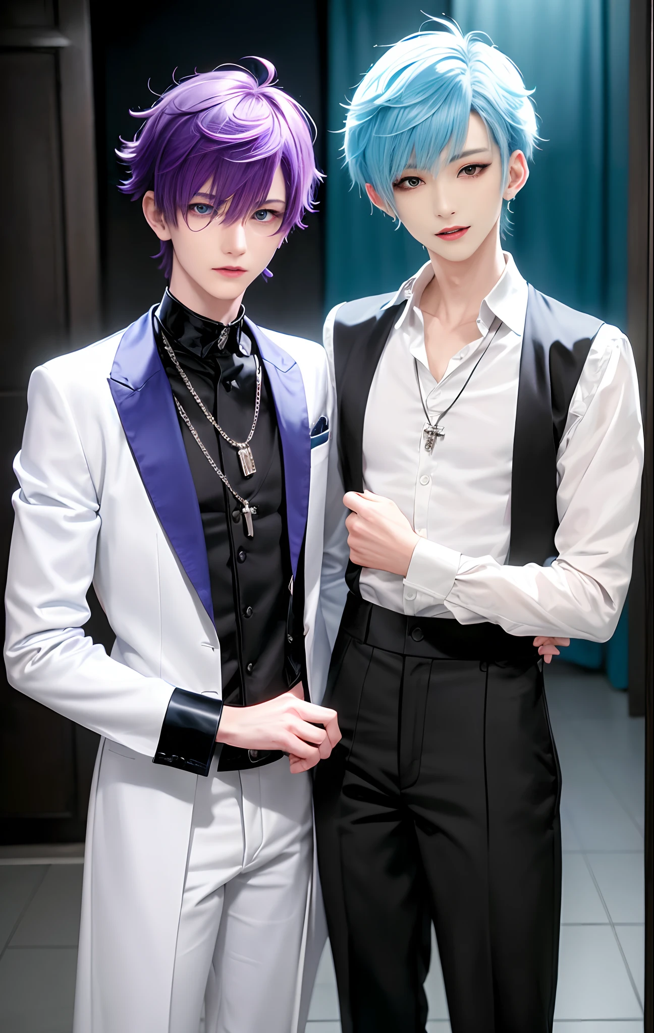 masterpiece, top-quality, 2Others, Male couple, 1 man and 1,, Adults, Height difference, different fashion, different color, finely eye and detailed face, intricate detailes, Naked, Casual clothing, white backgrounid, A smile, Happiness, tenderness, queers, Boys Love, high-level image quality、 selfee, Two beautiful men、tall、The upper part of the body、nightfall、nighttime scene、𝓡𝓸𝓶𝓪𝓷𝓽𝓲𝓬、Korean Male, Idol Photos, Model photo, k pop, Professional Photos, Vampires, Korean fashion with black pants and white Y-shirt, Fedoman with necklace, inspired by Sim Sa-jeong, androgynous vampire, :9 detailed face: 8, extra detailed face, detailed punk hair, ((eyes are brown)) baggy eyes, Seductive. Highly detailed, semi realistic anime, Vampires, hyperrealistic teen, delicate androgynous prince, imvu, short hair above the ears, Man with short hair, With a purple-haired man with a wild expression, Man with light blue hair with gentle expression, ((With a short-haired man with bright purple hair)), ((Man with light blue hair)), Take off your shirt and pose