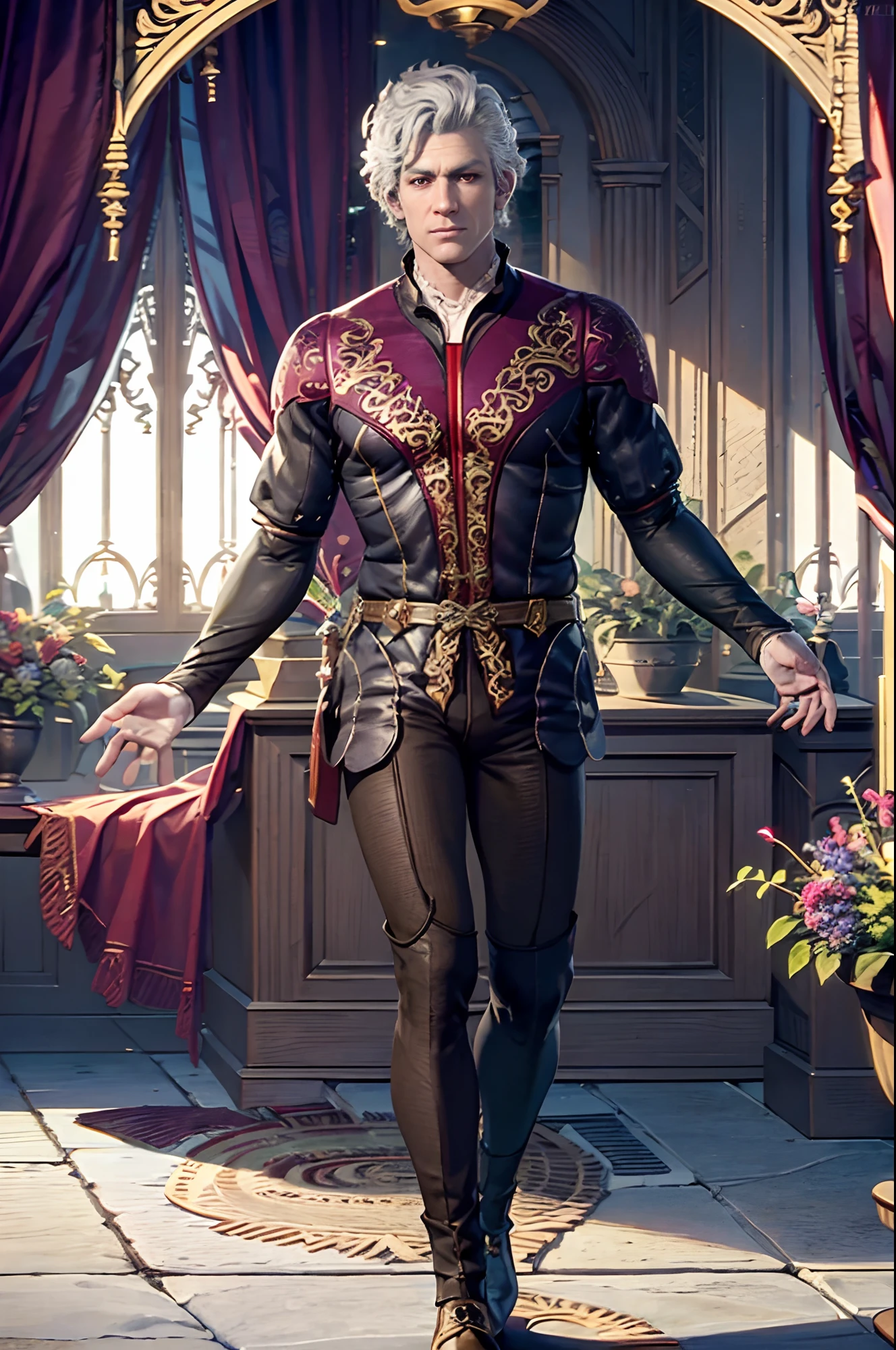 Astarion, male, dressed as a noble, in a mansion, red eyes, posing elegantly, good anatomy, proper hands,