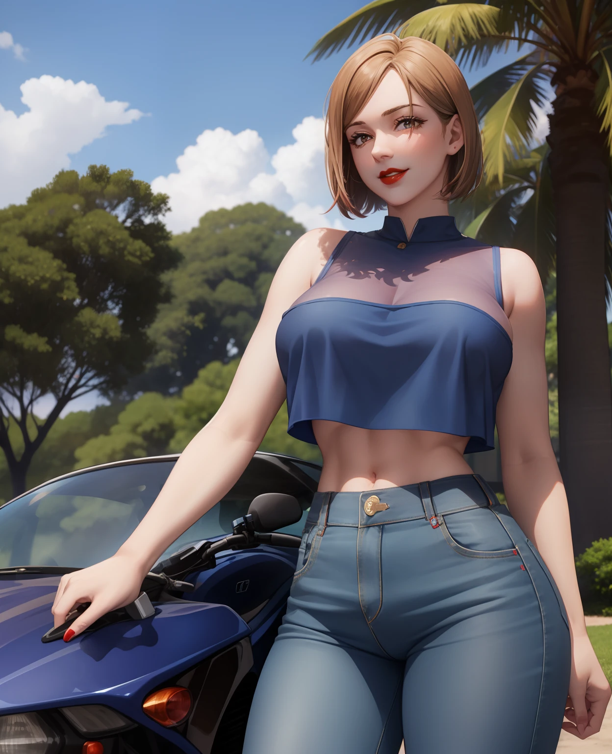 Girl, smile, red lips, big nose, big tits, short hair, fair skin, sexy body, blue clothes colors, blue pants colors, beautiful girl, in outdoor, sexy pose, eleganr pose, realistic