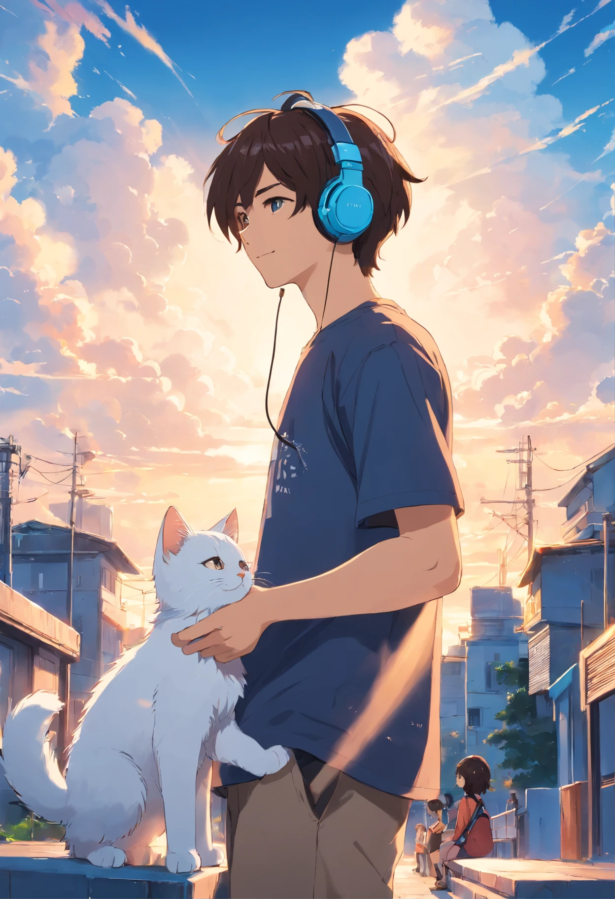 1 man looking at a kitten white，Boys with headphones，ssmile，The background is blue sky and white clouds , Waring  Black T-shirt with one piece anime logo