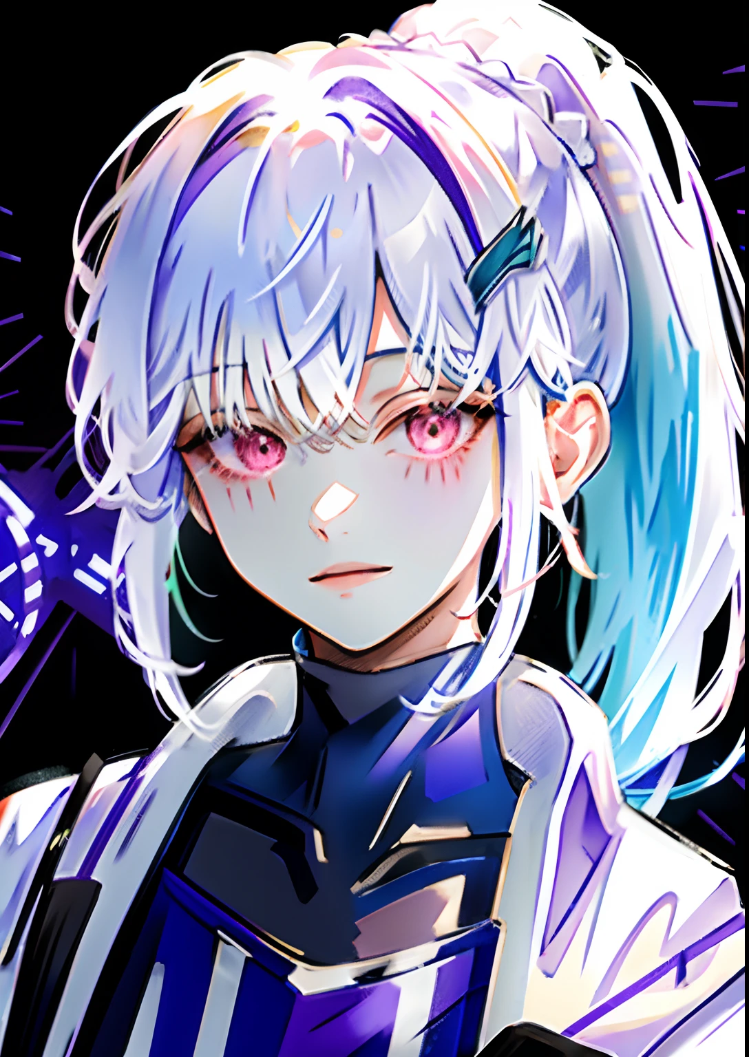 detailed background, masterpiece, best quality, smile, ponytail, white hair, purple eyes, smile, hoodie, portrait, neon, graffiti, dark, night, glowing eyes, blacklight