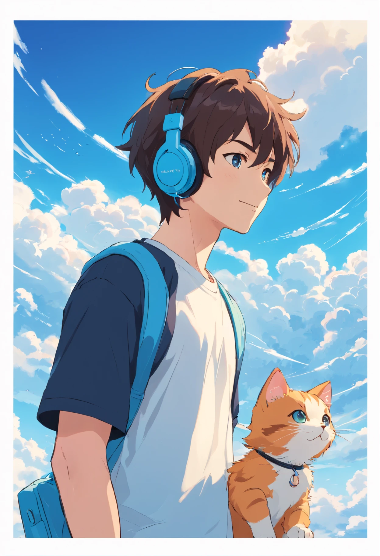 1 man looking at a kitten white,Boys with headphones,ssmile,The background is blue sky and white clouds , Waring Black T-shirt with one piece anime logo
