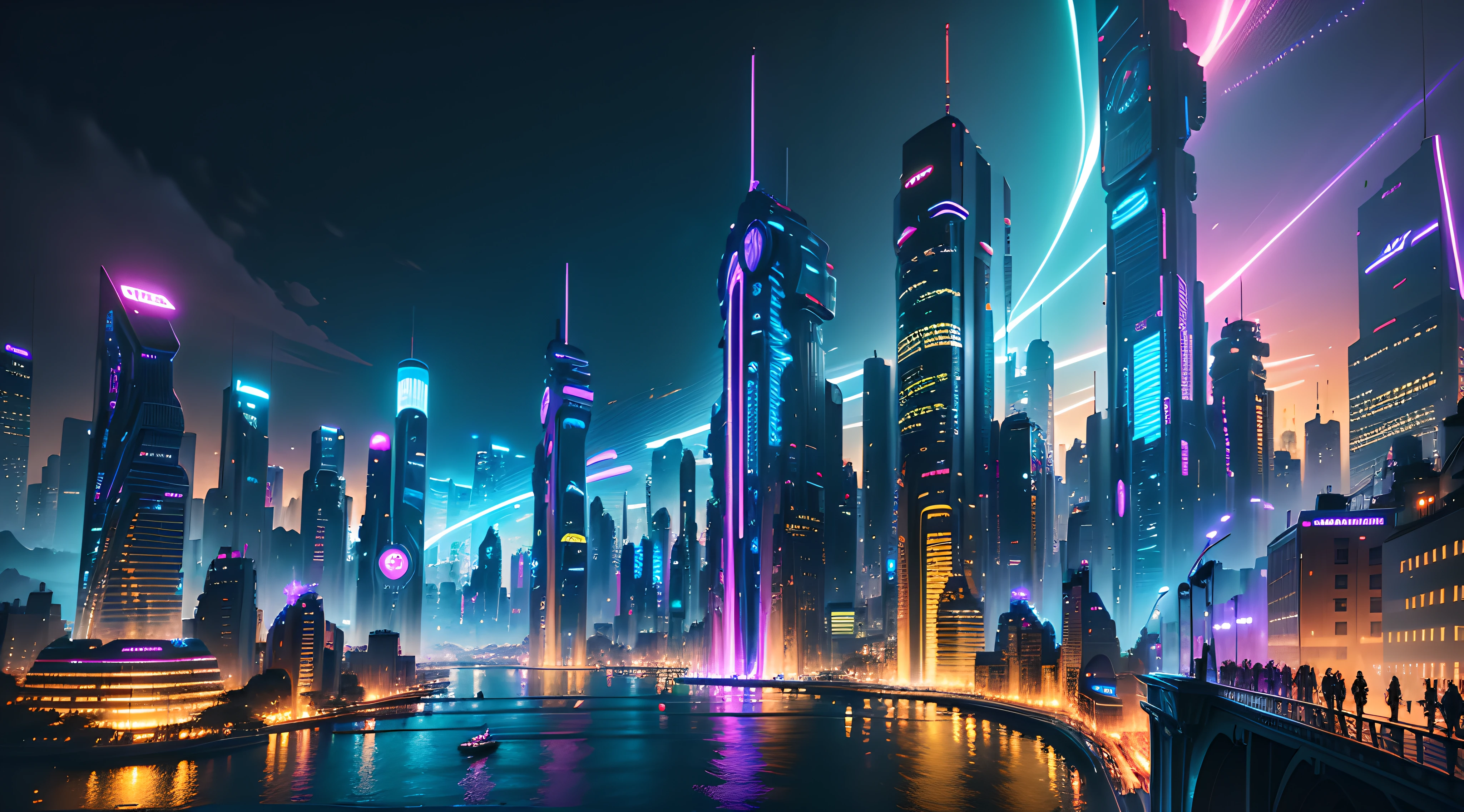 (Best quality),(masterpiece),(ultra detailed),(4k resolution),(extremely detailed),(Cutting-edge digital art, digitally painted masterpiece), (best resolution and color saturation), futuristic city skyline at night, vibrant neon lights, reflections on water, dynamic angles, bustling crowds, high-tech gadgets, flying vehicles, cyberpunk fashion.