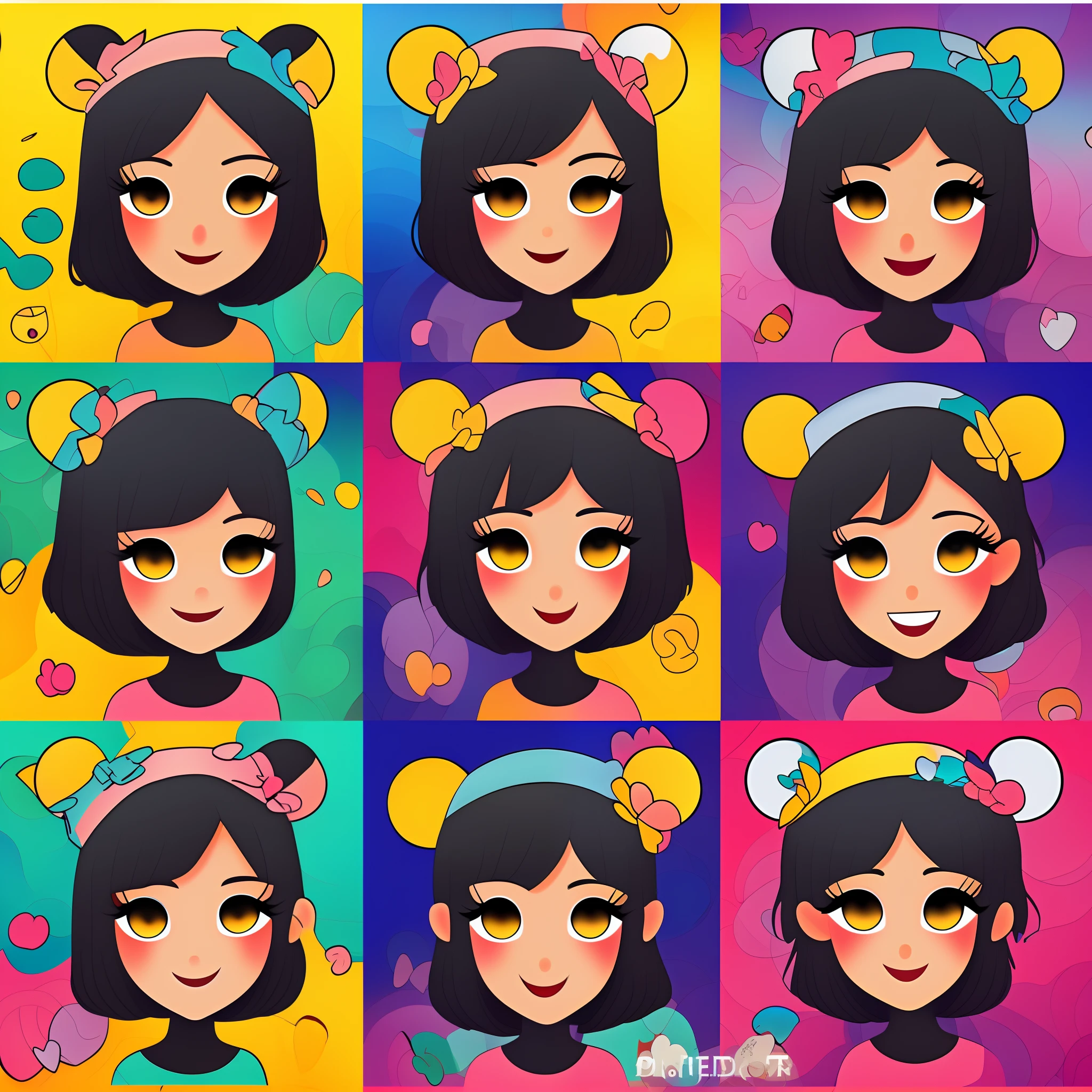 cute gir, emoji pack, 16emoticons, emoji sheet, multiple poses and expressions,anthropomorphic style, Disney style, black strokes,different emotions,multiple poss and expressions --auto --s2