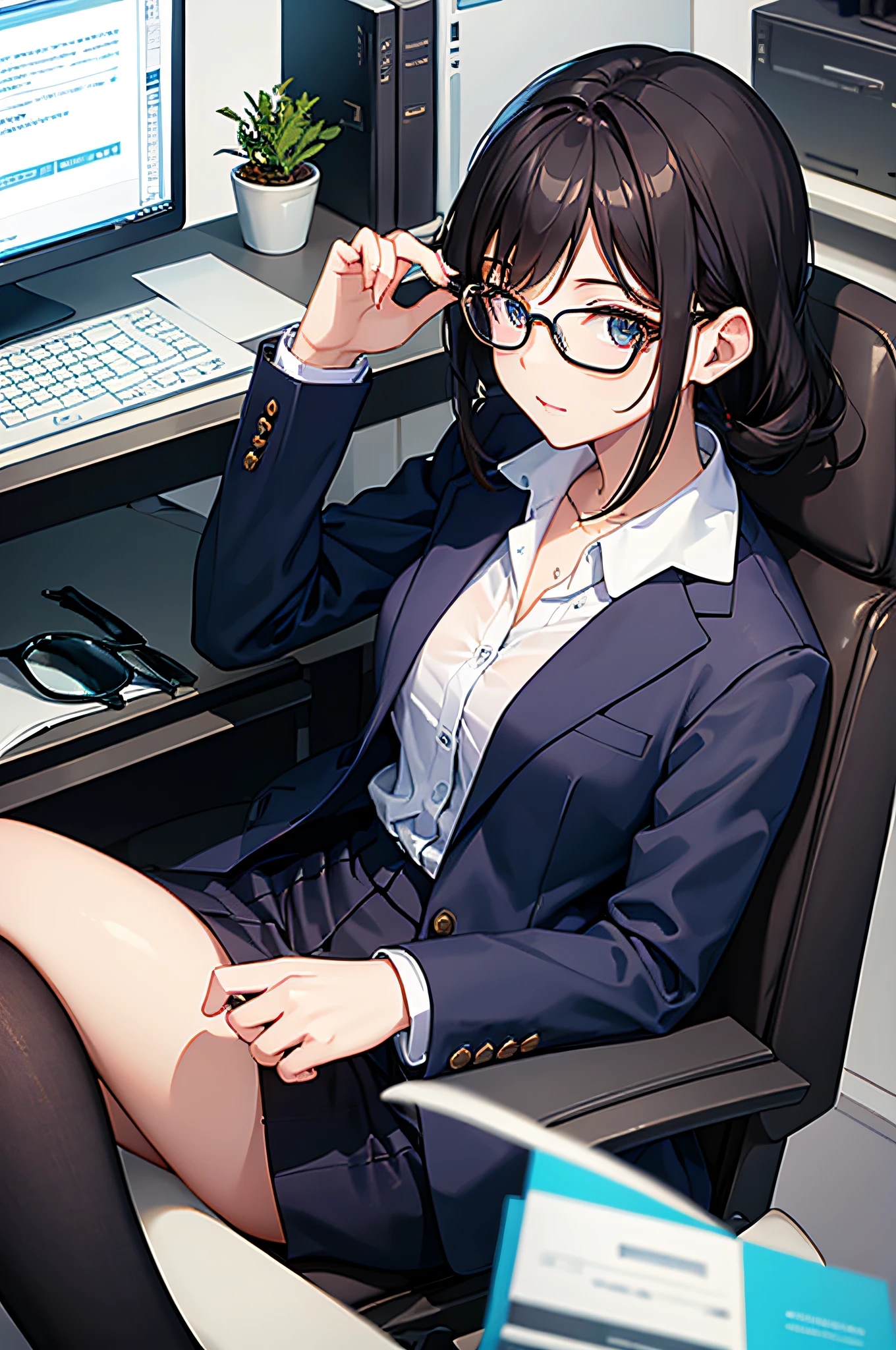 Woman sitting on chair in office office、A dark-haired、suits、eye glasses