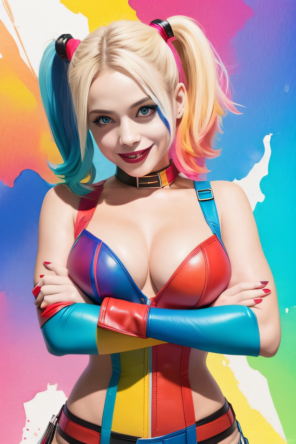 Harley Quinn with ((arm crossed pose under the breast)), (half-bust pose) (body facing the camera) colorful, smiling, watercolor background, colorful splash, small breast, wearing a colorful open leather corset,