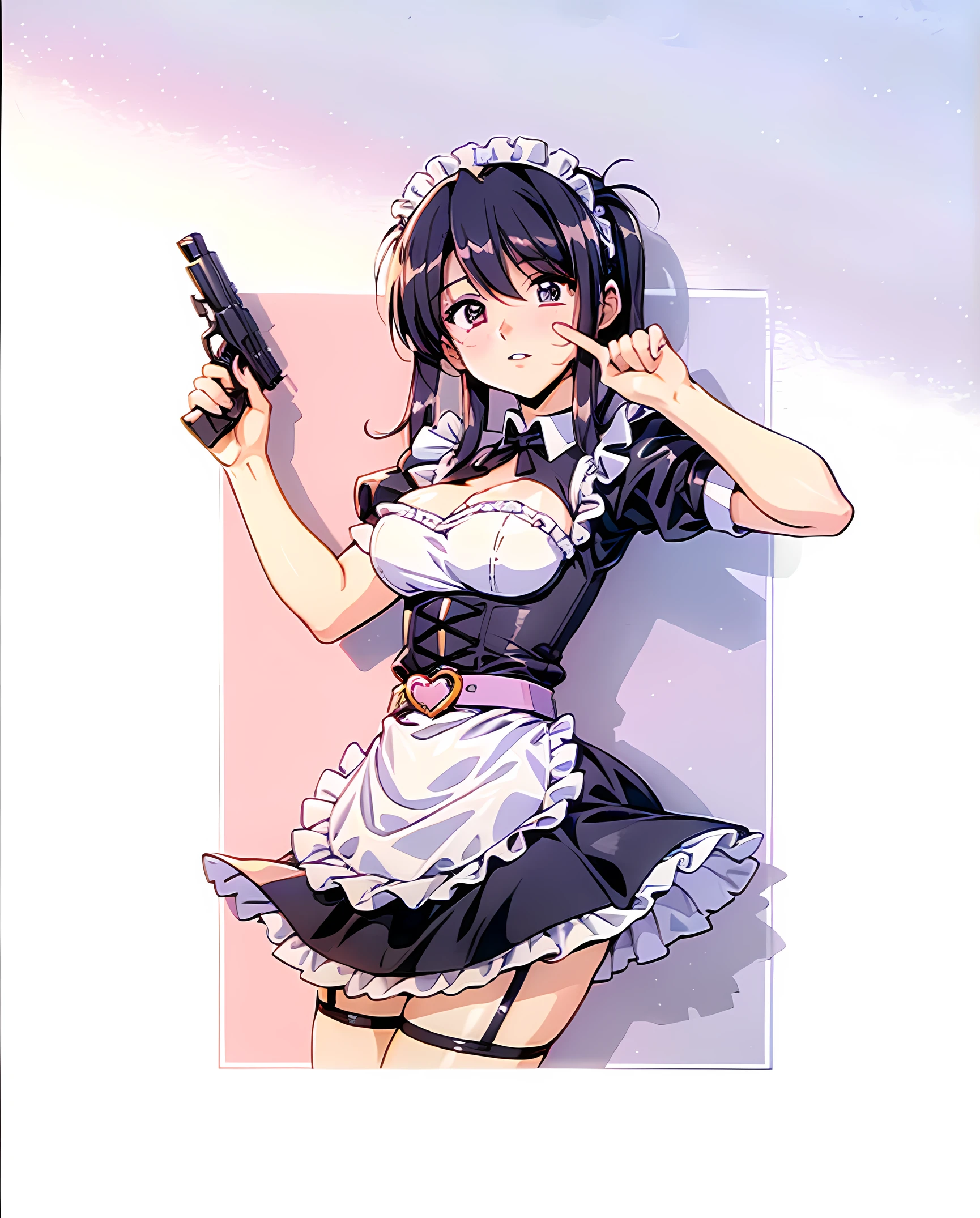 a close up of a woman in a maid outfit holding a gun, anime girl in a maid costume,high detailed,best shadow,lit shadow,lighting,flat color, heart shape belt, twin tails, anime horn girl in a maid costume, maid, maid outfit,yandere eyes, , in an anime style, flat color,,urushihara satoshi,purple pink color style,aesthetic,80s anime,