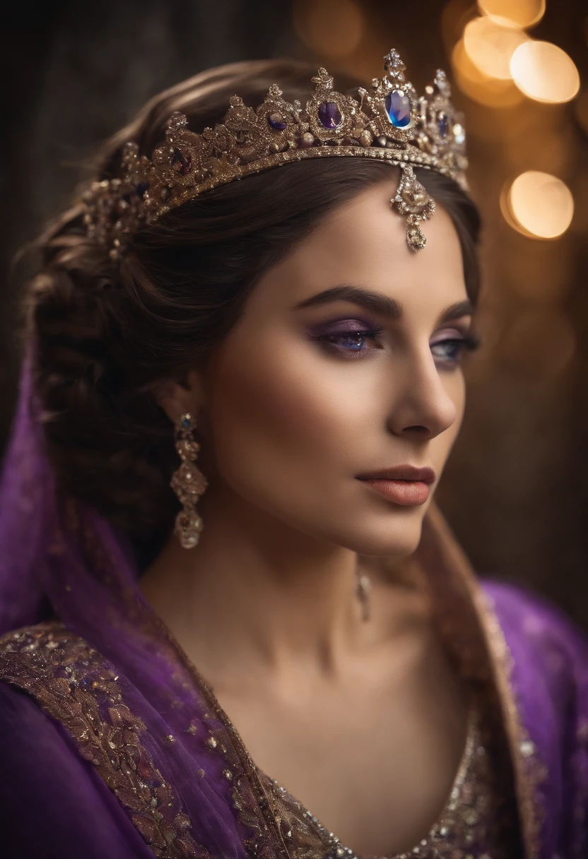 A breathtaking princess with mesmerizing purple eyes, adorned in a gown of iridescent silk.