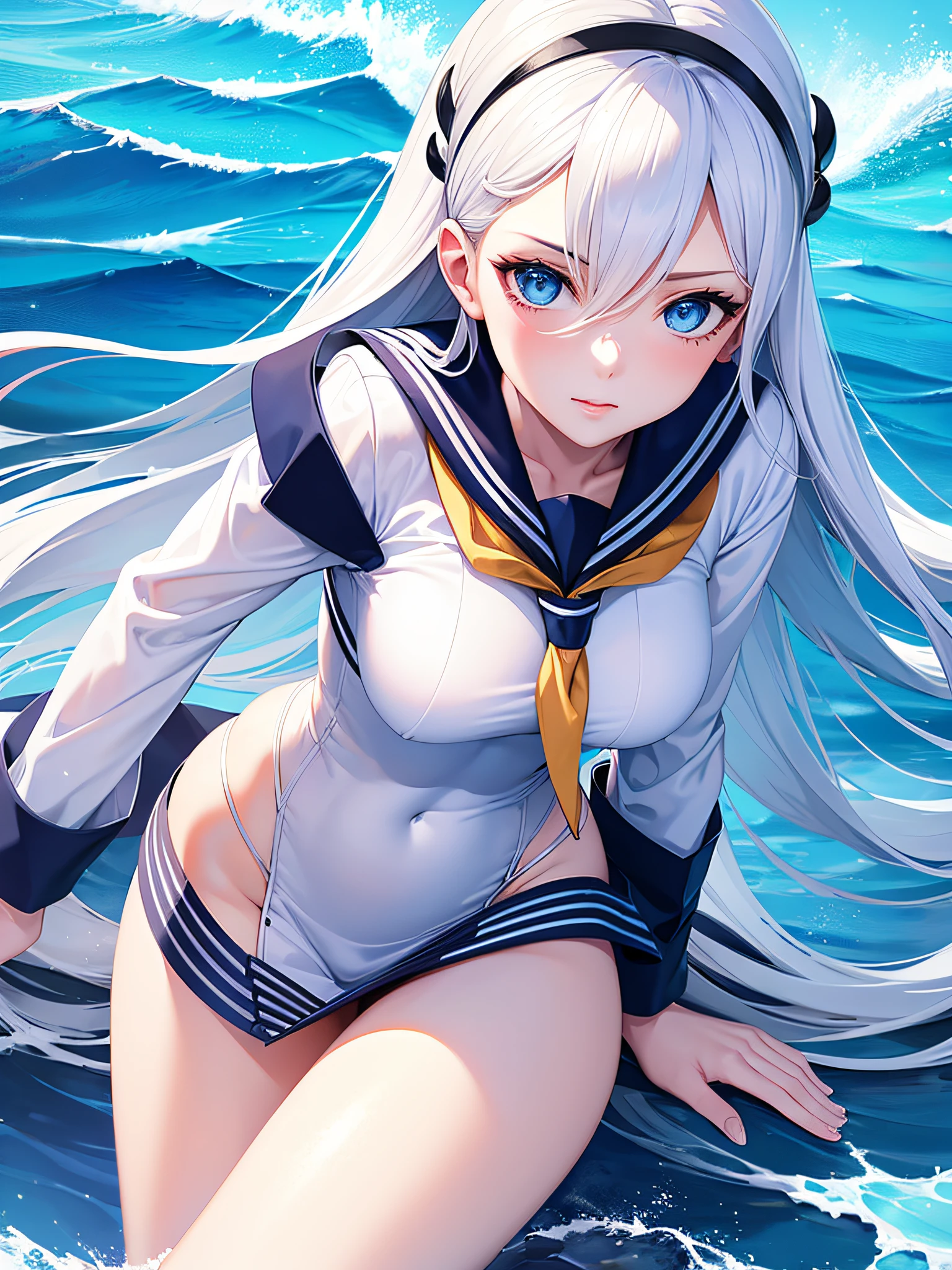 sexy style sailor woman, long hair, blue eyes, hyper realistic image, high details, blue and white sailor clothes, high sea background on a luxury ship, detailed image, super realistic, high color contrast