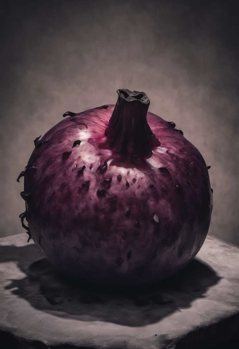 In the middle of a huge shrine,A large purple pomegranate floats,Peel off half of the peel,It was full of densely packed red eyes,This pomegranate is connected to many pink long tongues